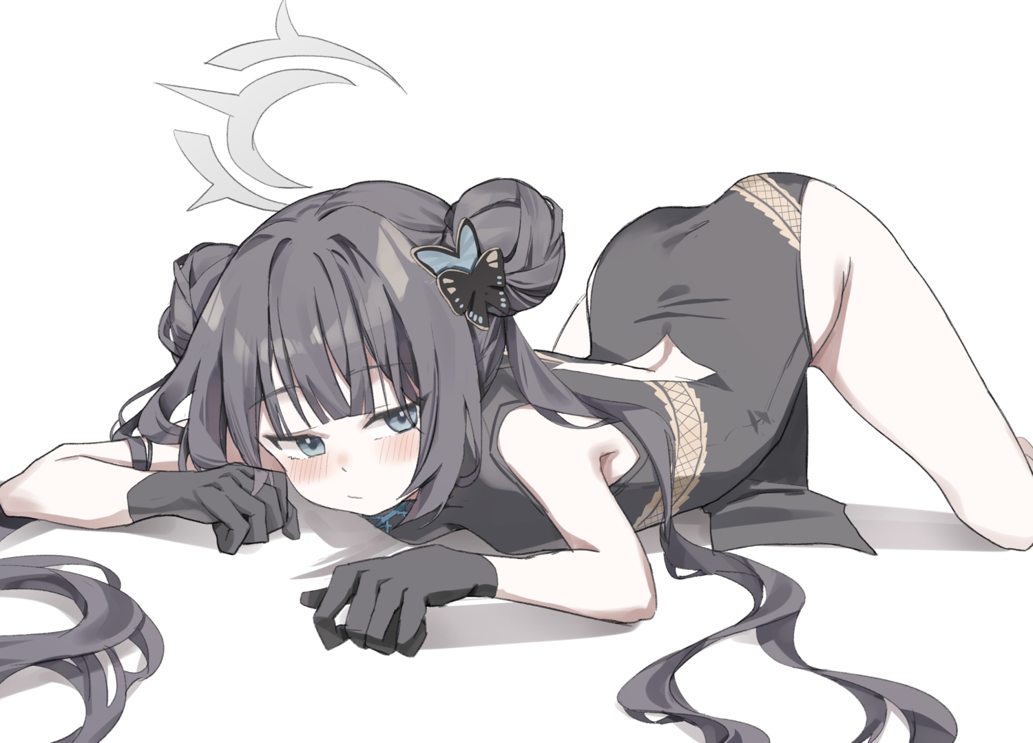 ass, black_hair, blue_archive, blush, chinese_clothes, chinese_dress, dress, gloves, gray_eyes, halo, long_hair, nopan, polychromatic, ryuuge_kisaki, scarlet_(wv0102), sketch, twintails, white