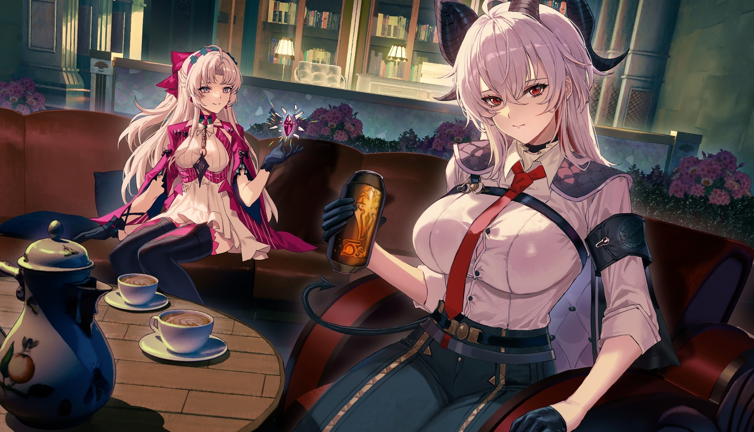 2girls, book, bow, breasts, cape, carlotta_(wuthering_waves), chain, choker, couch, dress, drink, flowers, gloves, gray_eyes, gray_hair, headband, horns, long_hair, magic, molyb, ponytail, red_eyes, shirt, sketch, tail, thighhighs, tie, wuthering_waves, zani_(wuthering_waves)