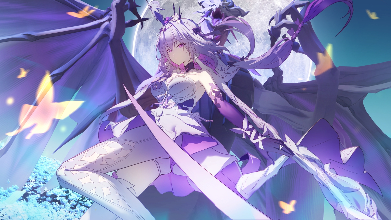 butterfly, castorice_(honkai:_star_rail), dragon, dress, grass, honkai_(series), honkai:_star_rail, long_hair