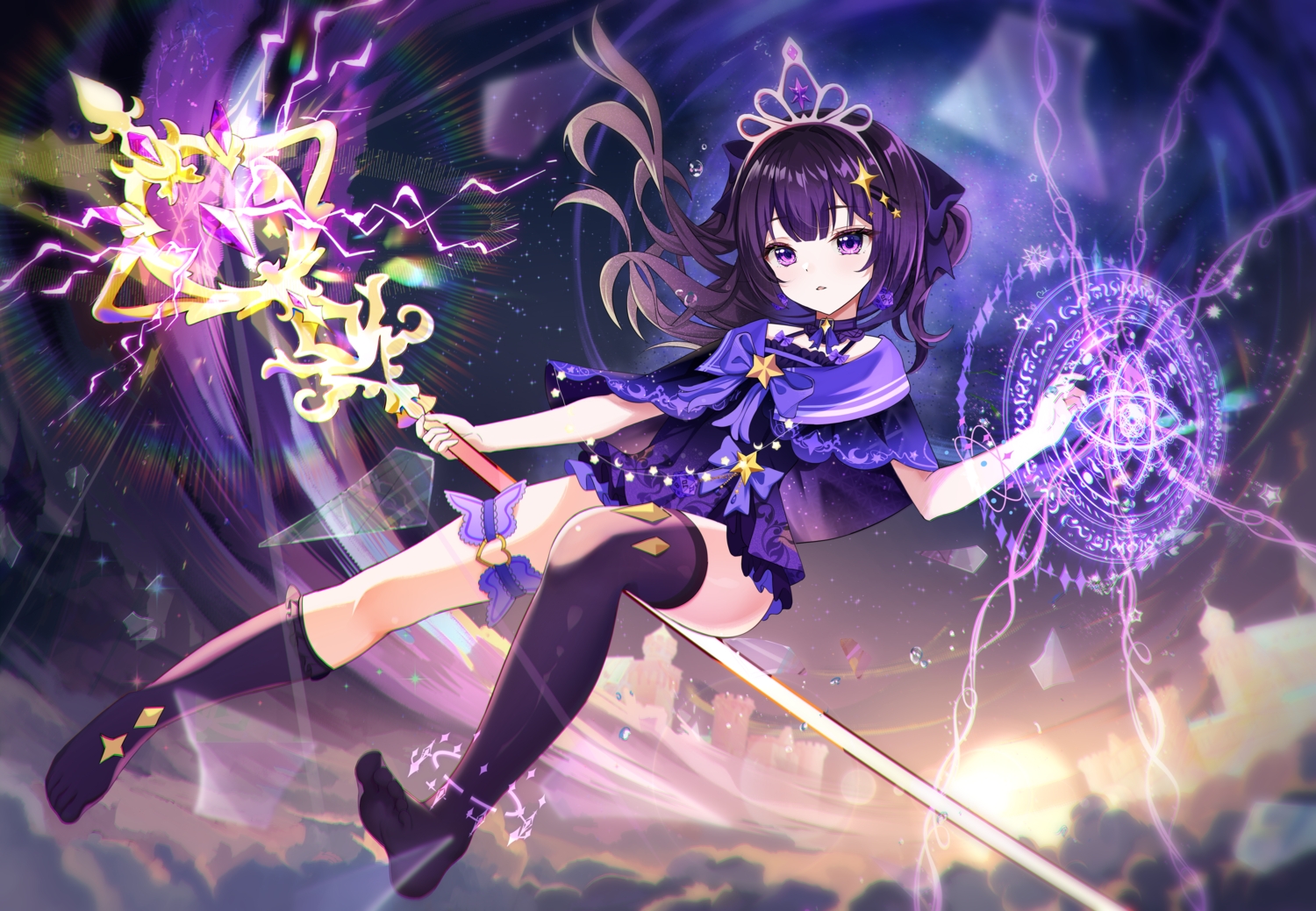 bow, building, cape, choker, clouds, dress, garter, kneehighs