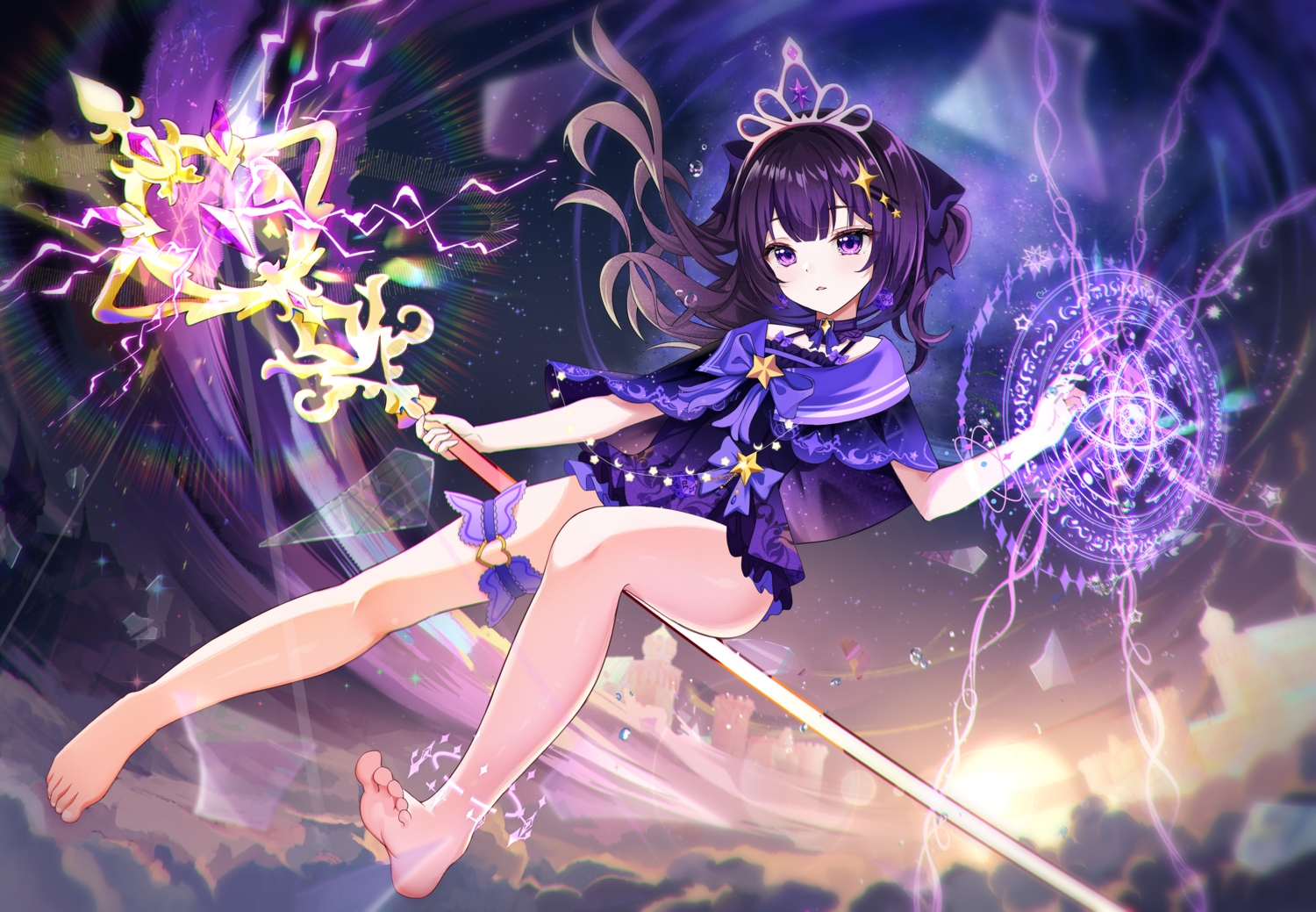 barefoot, bow, building, cape, choker, clouds, dress, garter, long_hair, magic, original, purple_eyes, purple_hair, sakutaishi, sky, staff, tiara