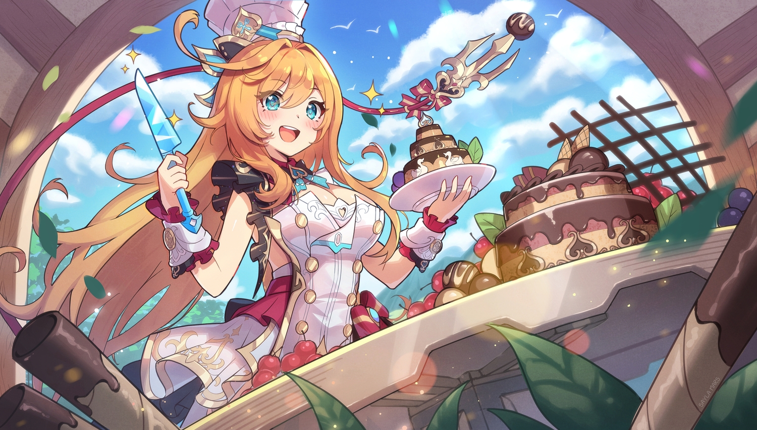 aqua_eyes, blush, bow, breasts, cake, candy, cherry, chocolate