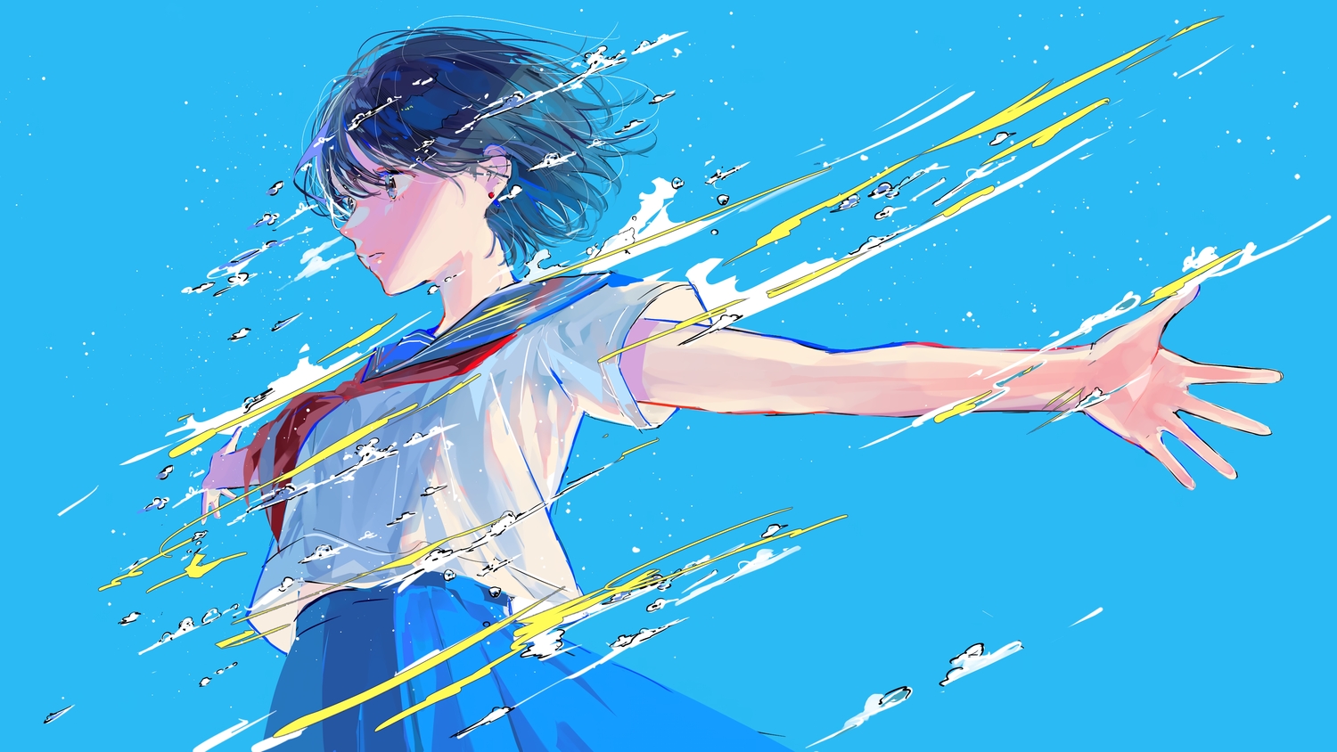 black_eyes, black_hair, blue, hagimorijia, original, school_uniform, shirt, short_hair, sketch, skirt, water