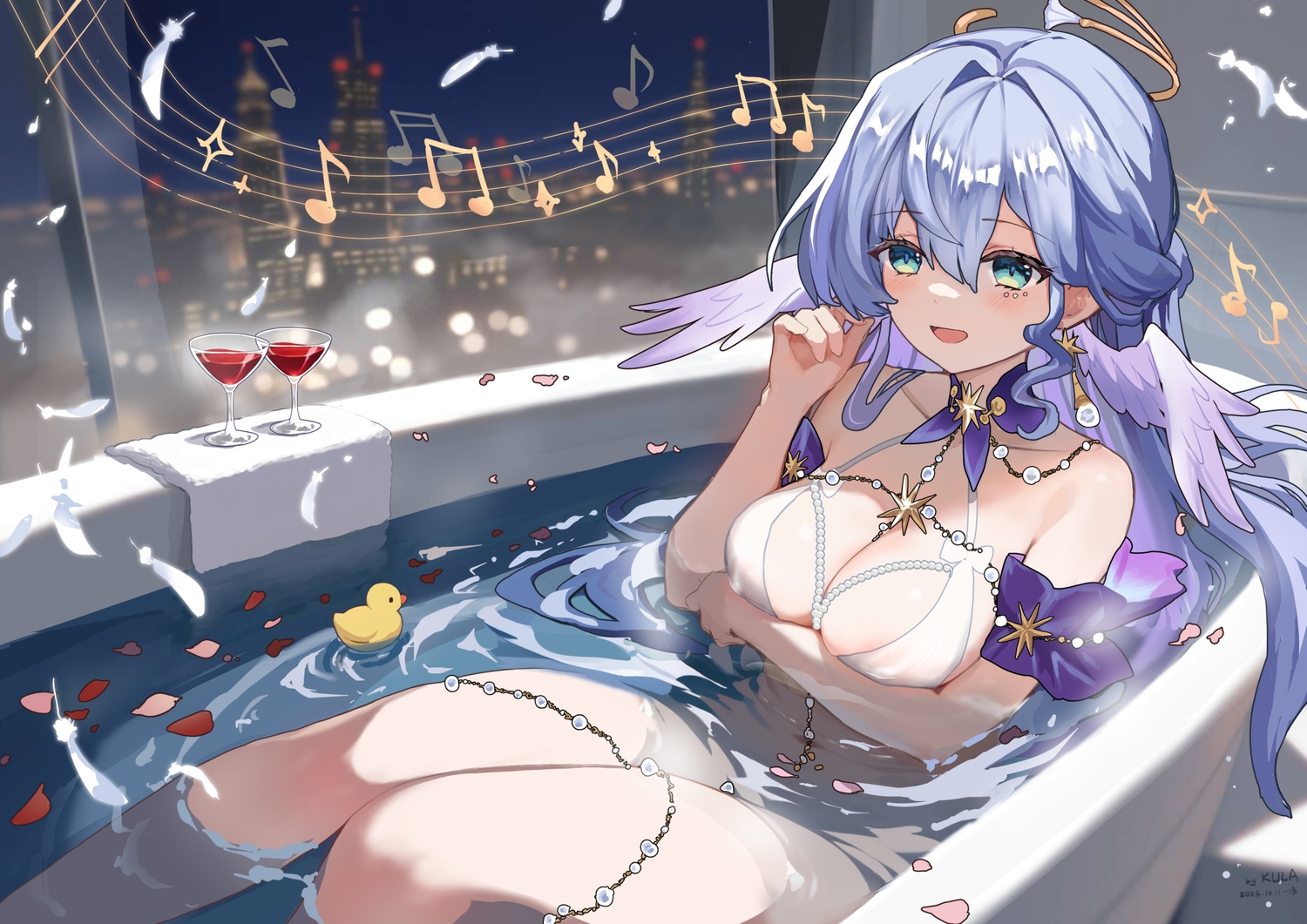 bath, bathtub, bikini, blue_hair, blush, breast_hold, breasts, building, choker, city, cleavage, drink, feathers, green_eyes, honkai_(series), honkai:_star_rail, kkkula_(kula), long_hair, music, night, petals, robin_(honkai:_star_rail), rubber_duck, signed, swimsuit, towel, water, wings