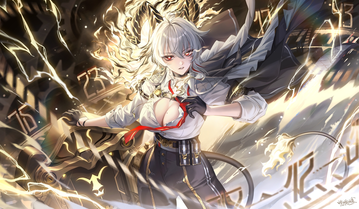 bantish, breasts, cape, choker, cleavage, gloves, gray_hair, horns