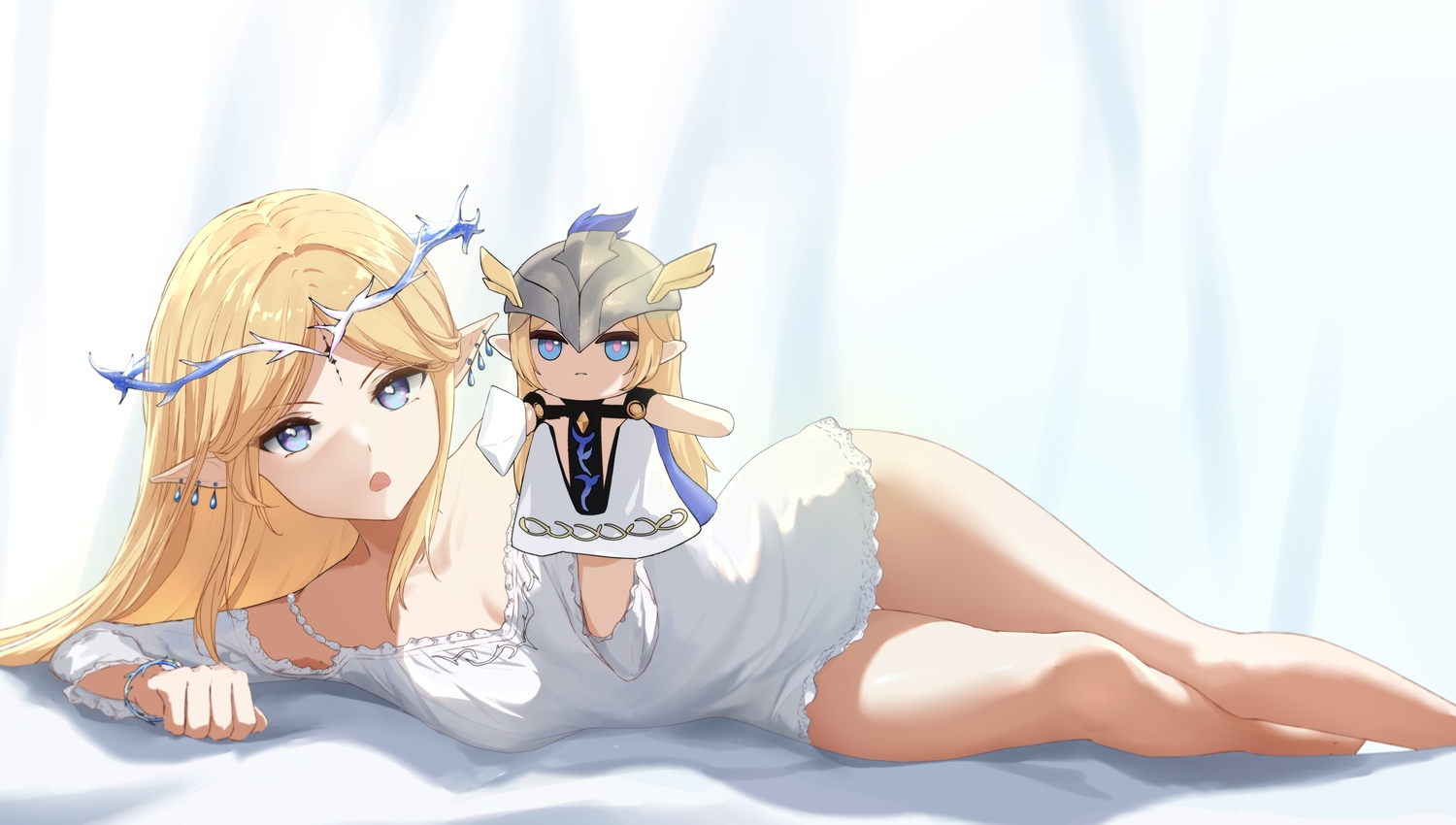 blonde_hair, blue_eyes, breasts, cartethyia_(wuthering_waves), cleavage, doll, dress, gmg_(jiang35562897)