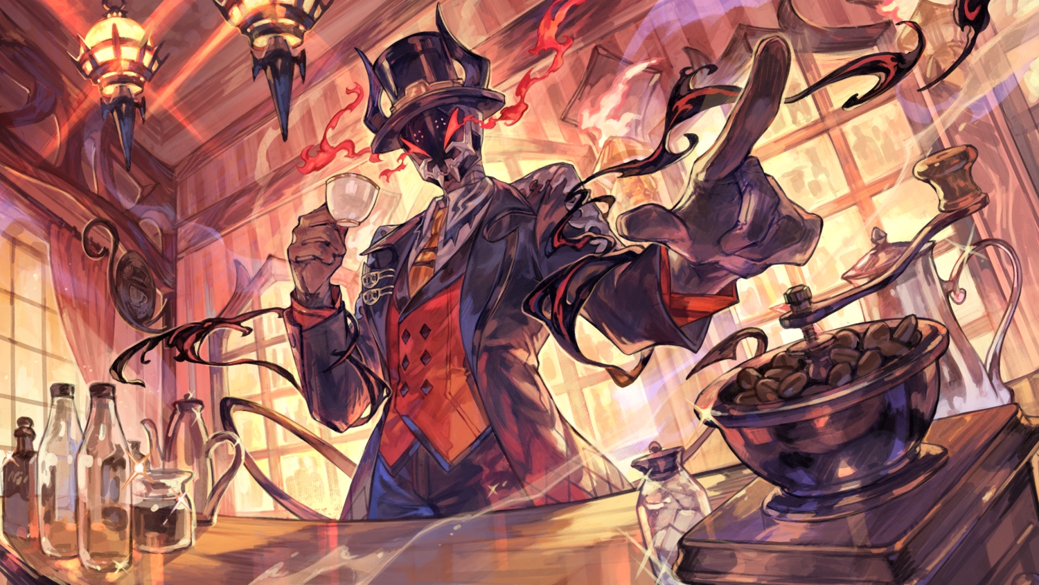 all_male, demon, drink, fire, gloves, hat, horns, magic, male, mask, masuta_dexi, suit, tail, tapioka_chaso, tie, world_connect