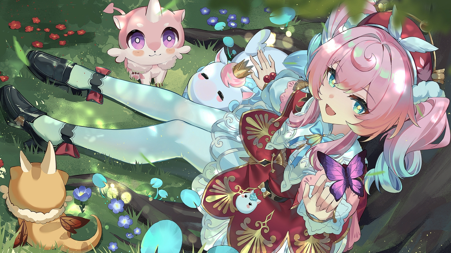 animal, bow, crown, czk, dress, flowers, grass, green_eyes