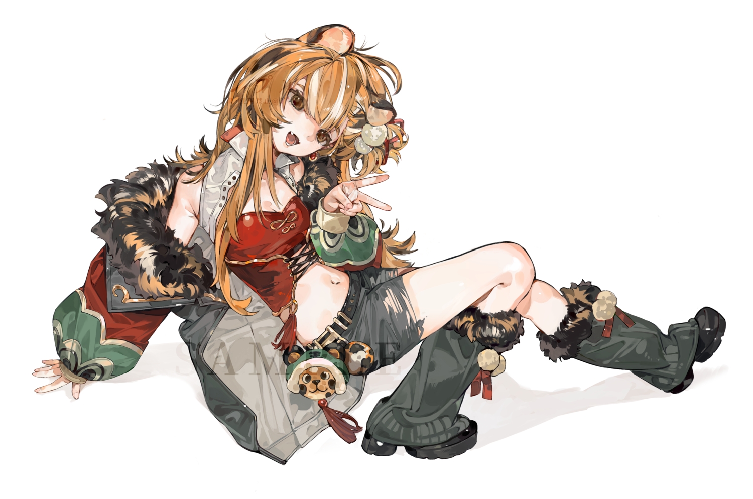 animal_ears, baifeidaiwang, blush, brown_eyes, catgirl, chinese_clothes, fang, long_hair, navel, orange_hair, original, shorts, torn_clothes, watermark, white