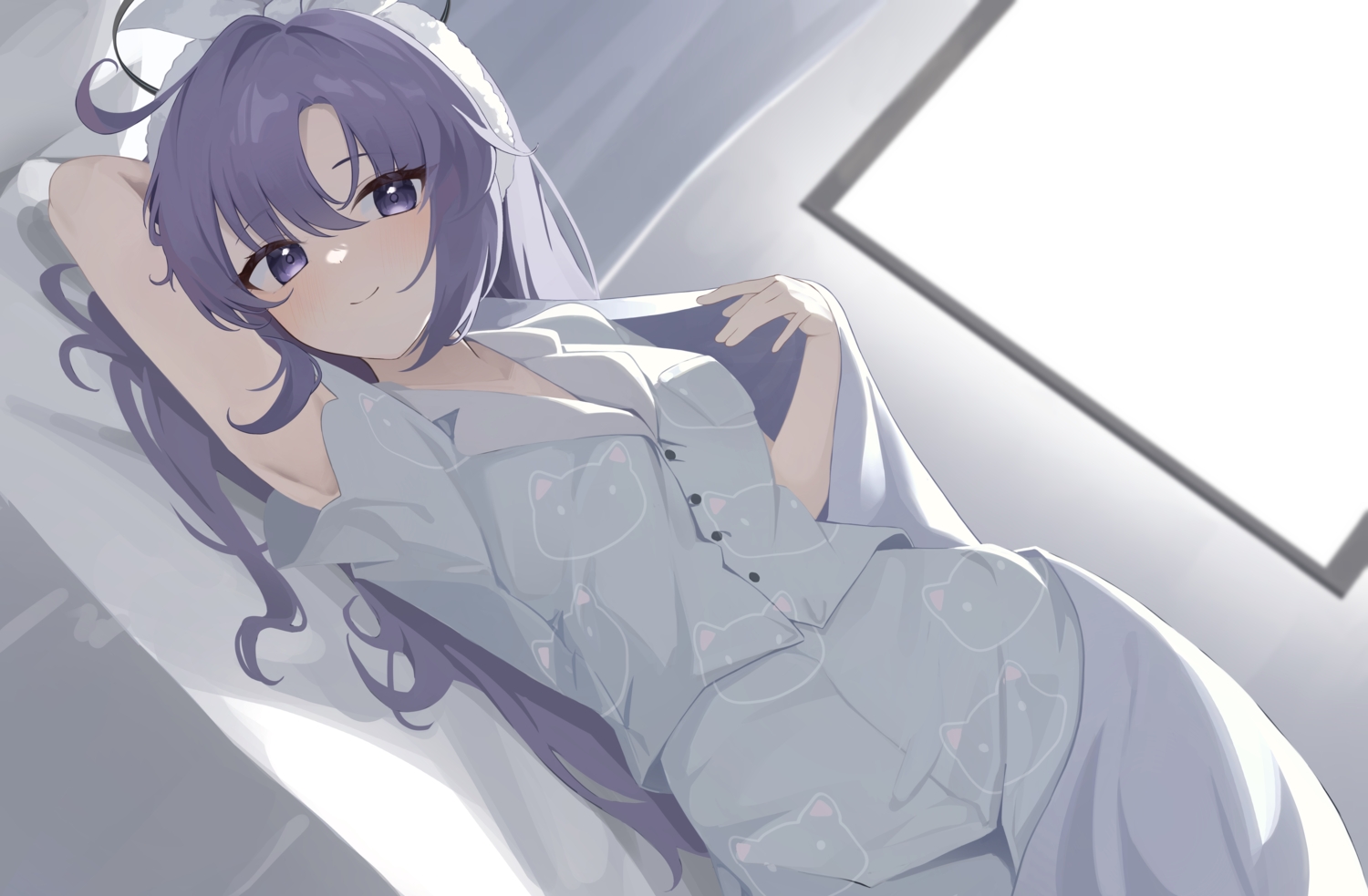bed, blue_archive, blush, hayase_yuuka, k_cyp, long_hair, pajamas, purple_eyes