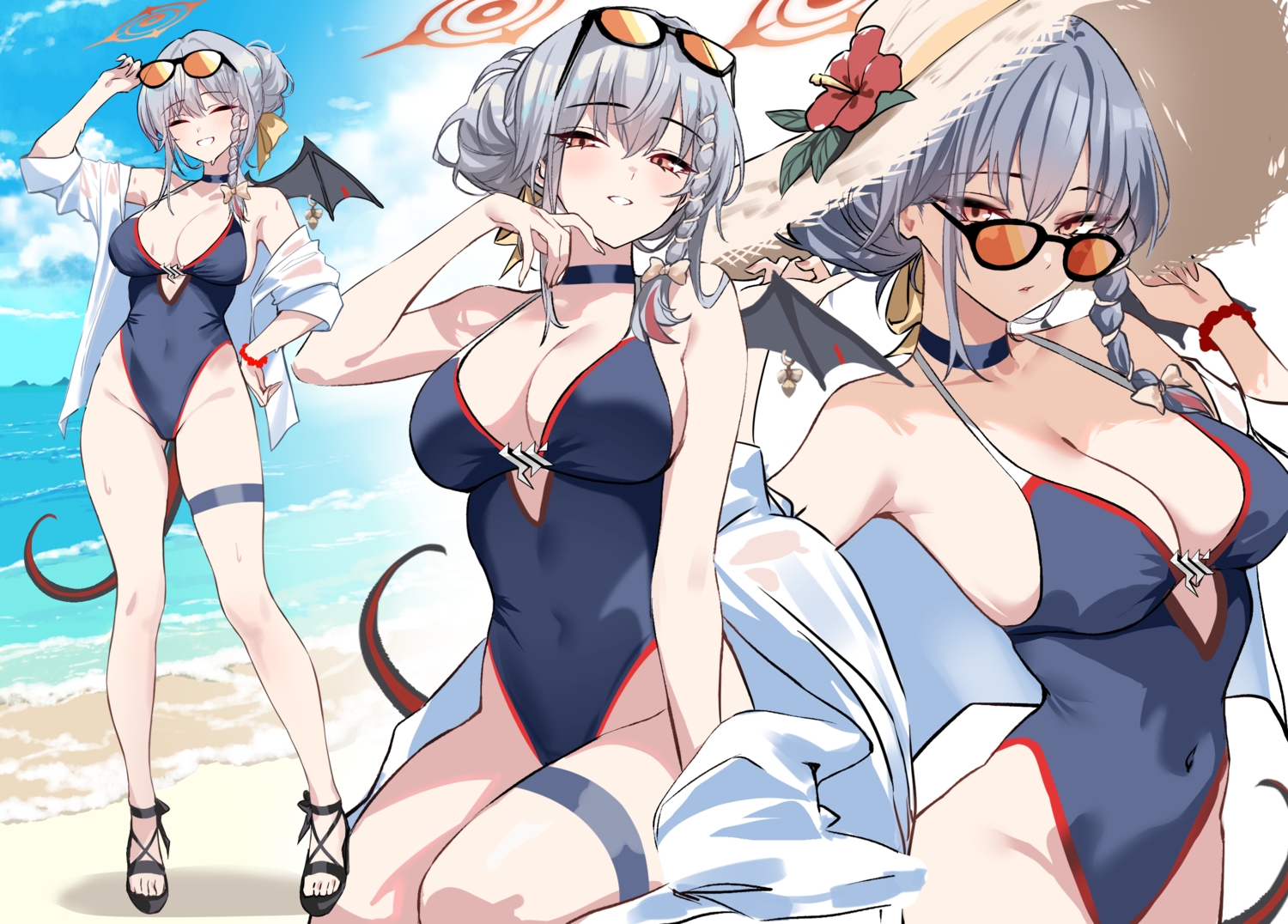 beach, blue_archive, blush, braids, breasts, choker, cleavage, clouds