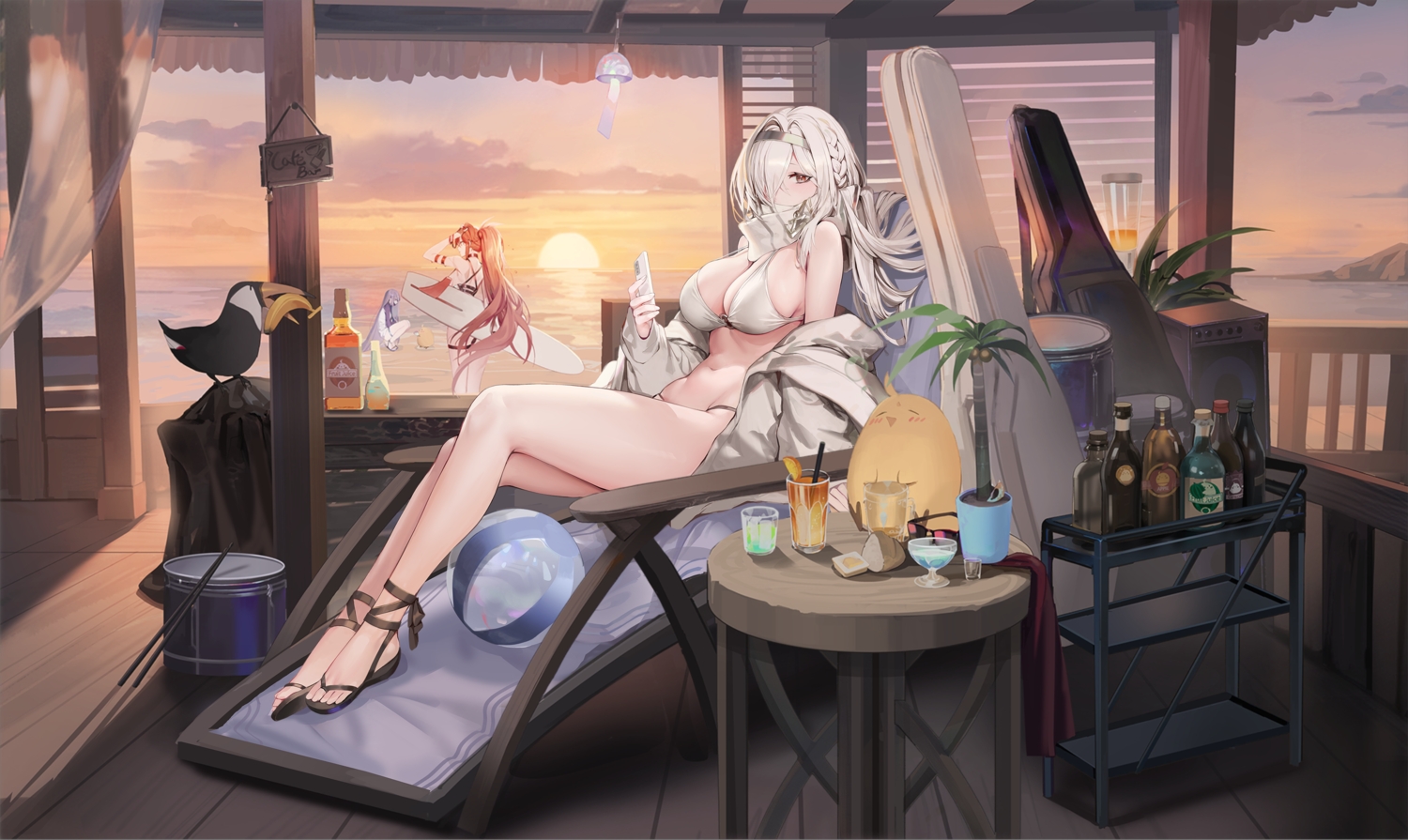 aliasing, animal, anthropomorphism, azur_lane, ball, beach, bikini, bird, black_hair, blush, braids, breasts, choker, cleavage, clouds, colorado_(azur_lane), drink, drums, food, fruit, garter, headband, instrument, long_hair, manjuu_(azur_lane), maryland_(azur_lane), navel, phone, ponytail, red_eyes, red_hair, scarf, sky, sunset, swimsuit, tagme_(artist), transparent, water, west_virginia_(azur_lane), white_hair