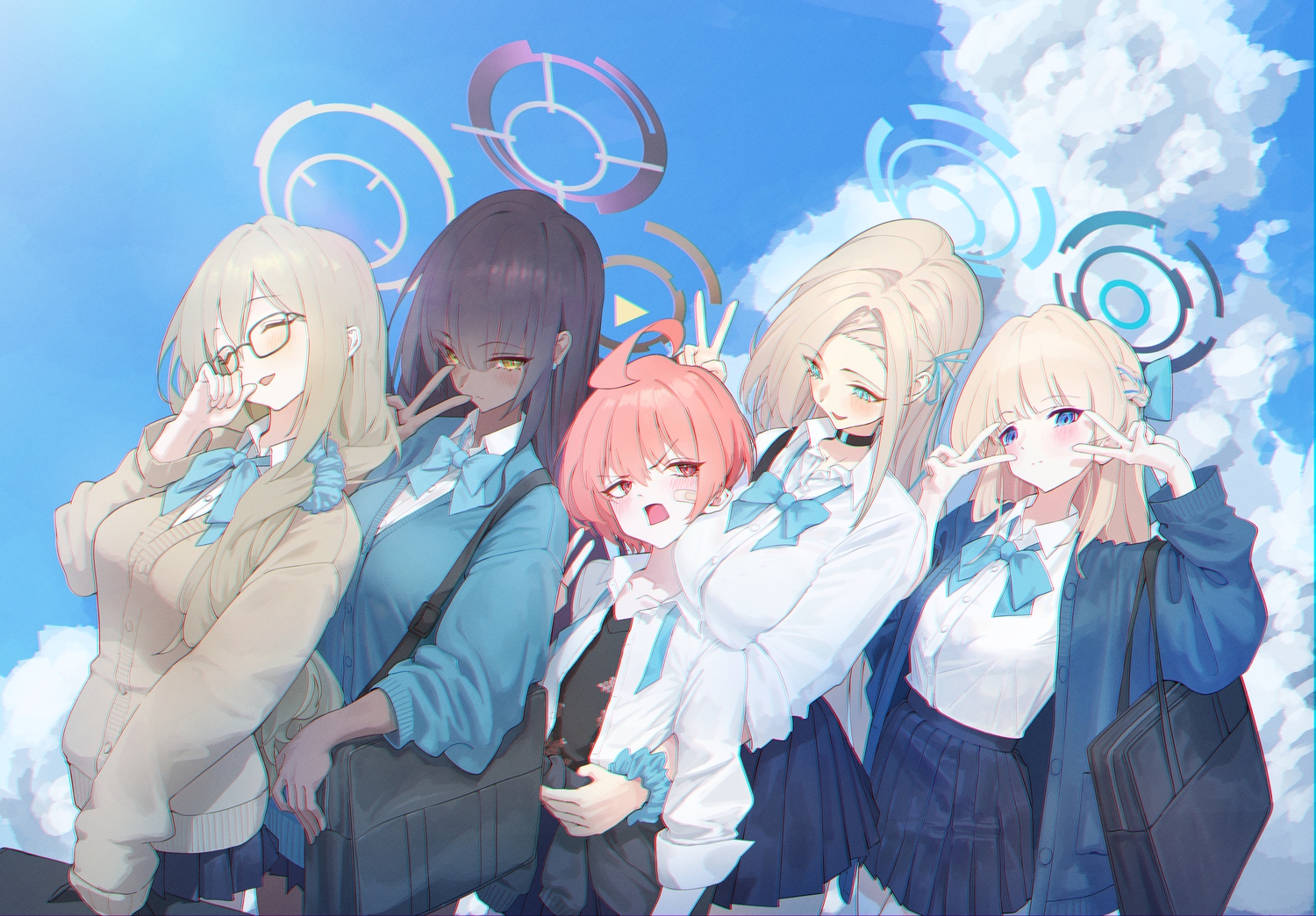 aqua_eyes, asuma_toki, bandaid, black_hair, blonde_hair, blue_archive, blue_eyes, blush