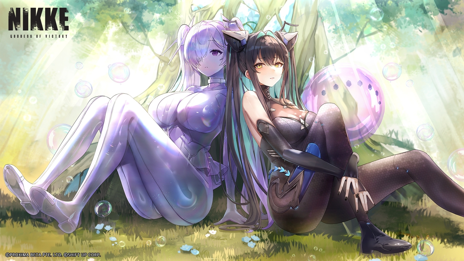 2girls, black_hair, bodysuit, breasts, bubbles, choker, cinderella_(nikke), flowers