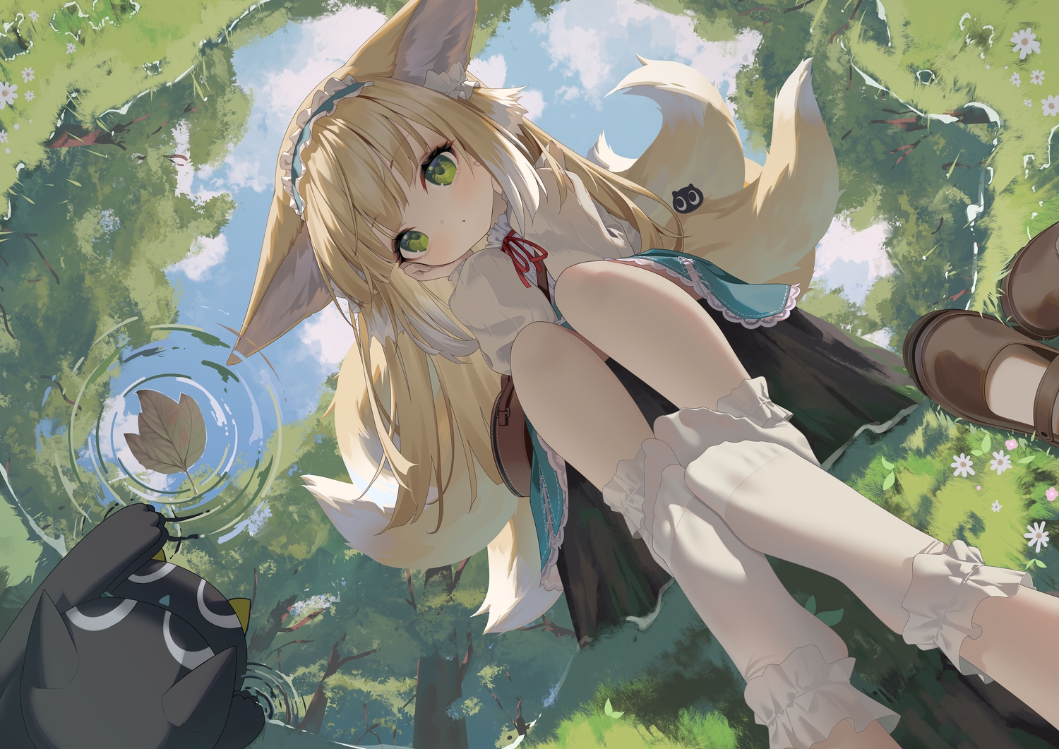 animal, animal_ears, arknights, bingchuan_xian_yu_huang, blonde_hair, cat, clouds, crossover, flowers, foxgirl, grass, green_eyes, headband, leaves, loli, long_hair, luo_xiaohei, luo_xiaohei_zhanji, multiple_tails, reflection, shirt, skirt, sky, socks, suzuran_(arknights), tail, tree, water