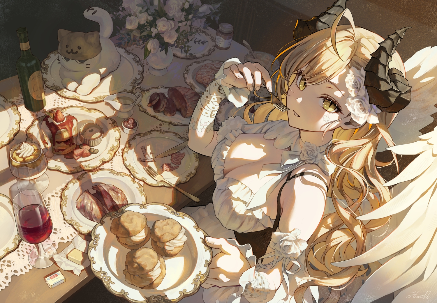 blonde_hair, breasts, cake, cleavage, corset, dress, drink, flowers