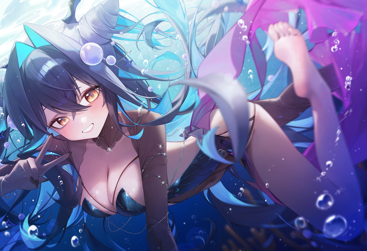 barefoot, black_hair, blush, bodysuit, breasts, bubbles, cleavage, close, goddess_of_victory:_nikke, little_mermaid_(nikke), long_hair, s0104y, underwater, water, wristwear, yellow_eyes