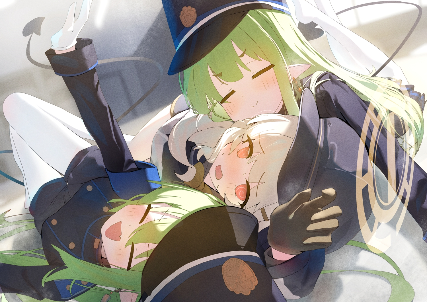 blue_archive, blush, bow, close, fang, gloves, green_hair, halo