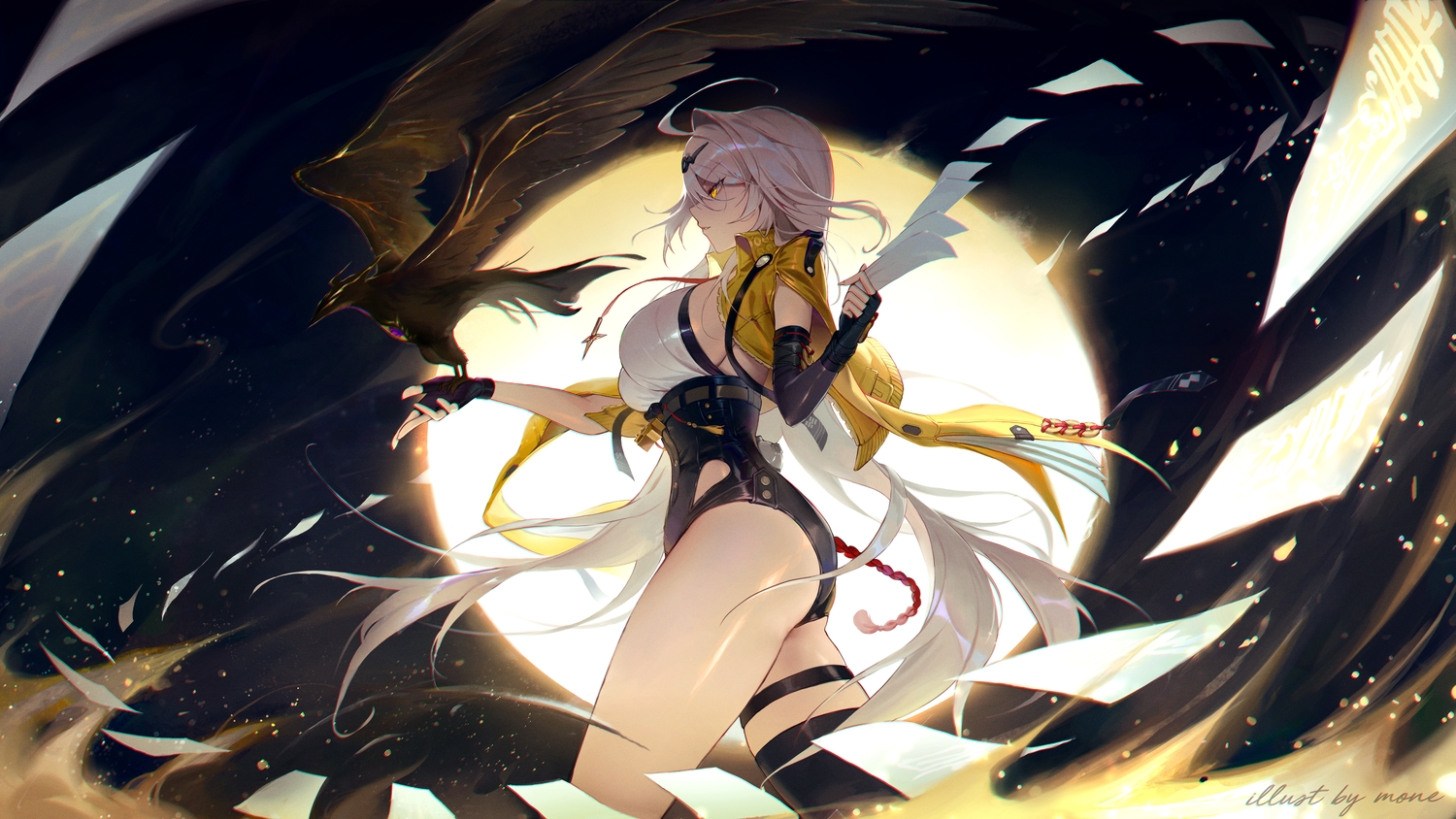 animal, ass, bird, breasts, elbow_gloves, garter, gloves, jinbin825, leotard, long_hair, magic, ofuda, signed, thighhighs, white_hair, yellow_eyes, yi_xuan, zenless_zone_zero