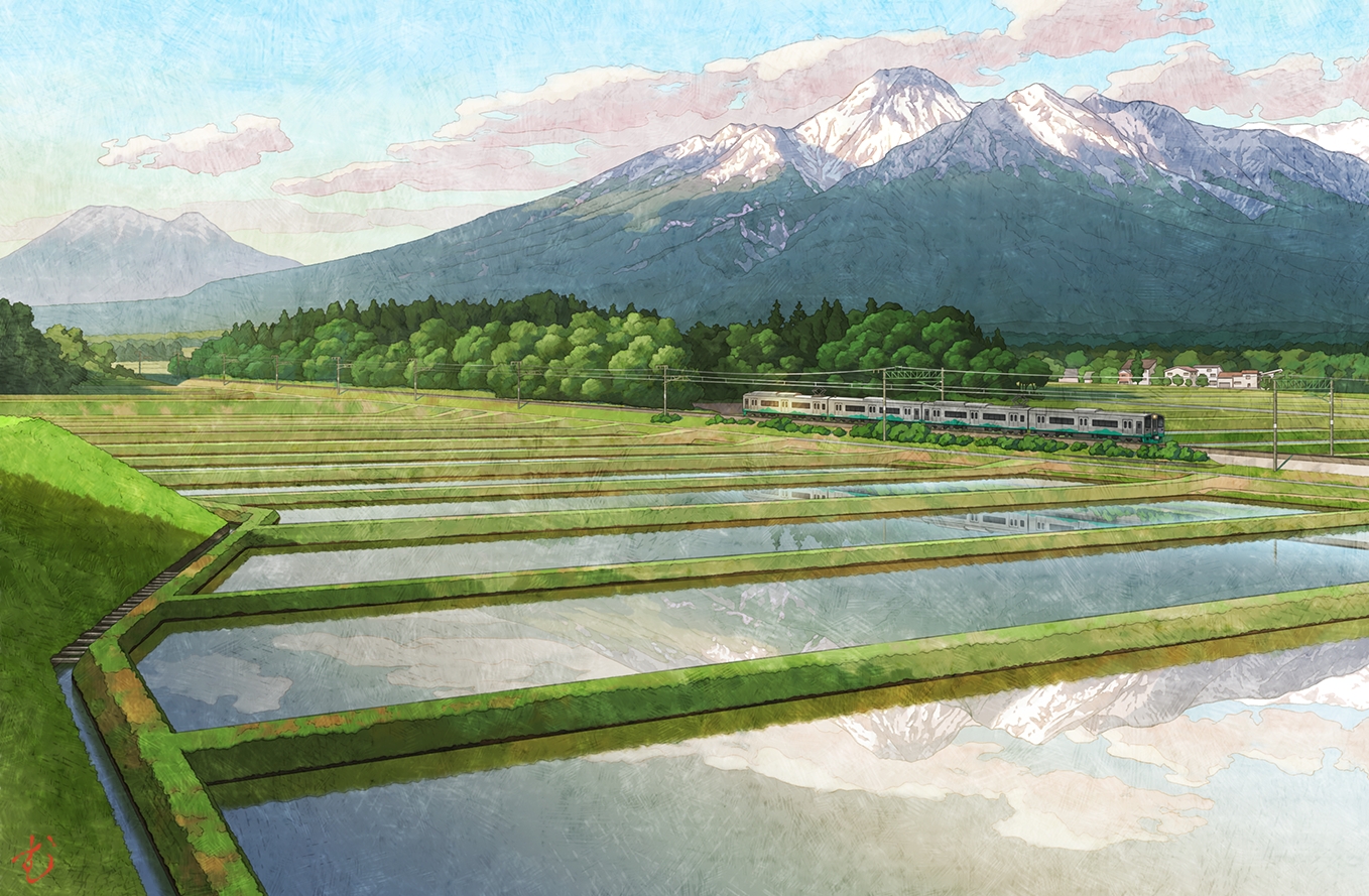 building, clouds, cropped, landscape, mugumo_24k, no_humans, original, reflection, scenic, signed, sky, train, tree, water