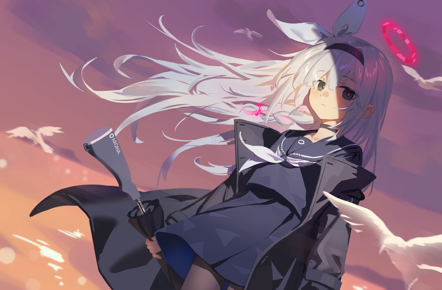 animal, bird, black_eyes, blue_archive, braids, choker, clouds, gray_hair