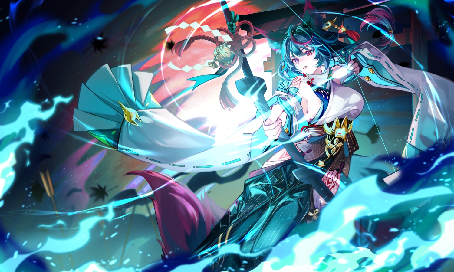 animal_ears, black_hair, bow, bow_(weapon), braids, breasts, fire, foxgirl, fuzijo, ine_(starward), japanese_clothes, leaves, magic, no_bra, ponytail, red_eyes, sideboob, starward, tail, tattoo, torii, weapon