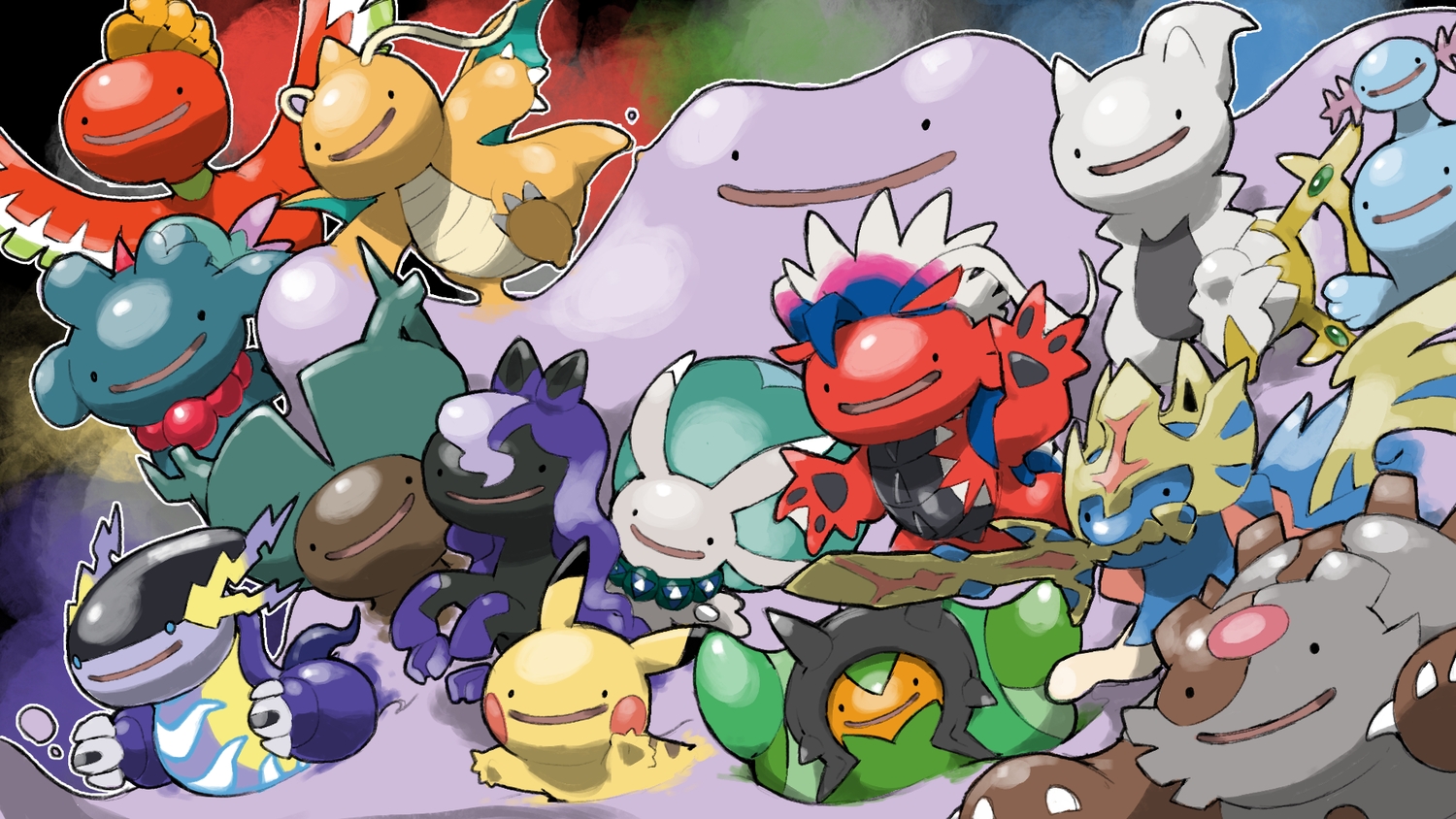 animal, arceus, bird, blacknirrow, calyrex, ditto, dragon, dragonite, flutter_mane, group, ho-oh, horse, koraidon, miraidon, no_humans, ogerpon, pikachu, pokemon, quagsire, spectrier, ting-lu, ursaluna, wooper, zacian