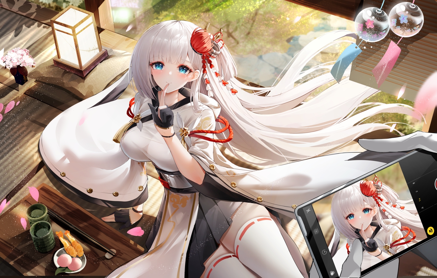 aqua_eyes, azur_lane, blush, camera, cherry_blossoms, commander_(azur_lane), drink, flowers, food, gloves, grass, hood, japanese_clothes, kimono, long_hair, petals, phone, shoukaku_(azur_lane), skirt, thighhighs, tsuru_ai_momono, white_hair
