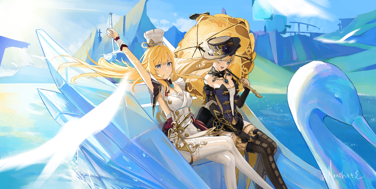 2girls, aliasing, aqua_eyes, blonde_hair, blue_eyes, boat, breasts, choker