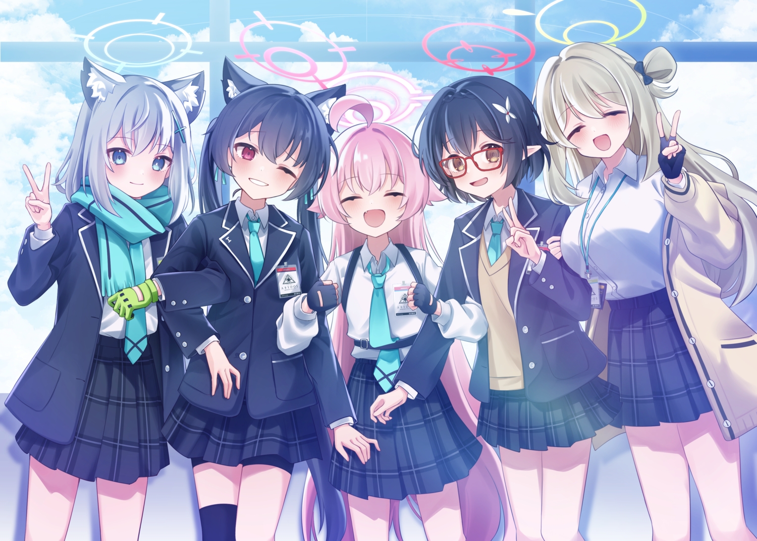 animal_ears, bike_shorts, black_hair, blue_archive, blue_eyes, blush, braids, brown_eyes, brown_hair, catgirl, clouds, fang, glasses, gloves, gray_hair, group, halo, hug, izayoi_nonomi, kuromi_serika, long_hair, nifuji, okusora_ayane, pink_hair, pointed_ears, red_eyes, scarf, school_uniform, shirt, short_hair, shorts, skirt, sky, sunaookami_shiroko, takanashi_hoshino, tie, twintails, wink, wolfgirl