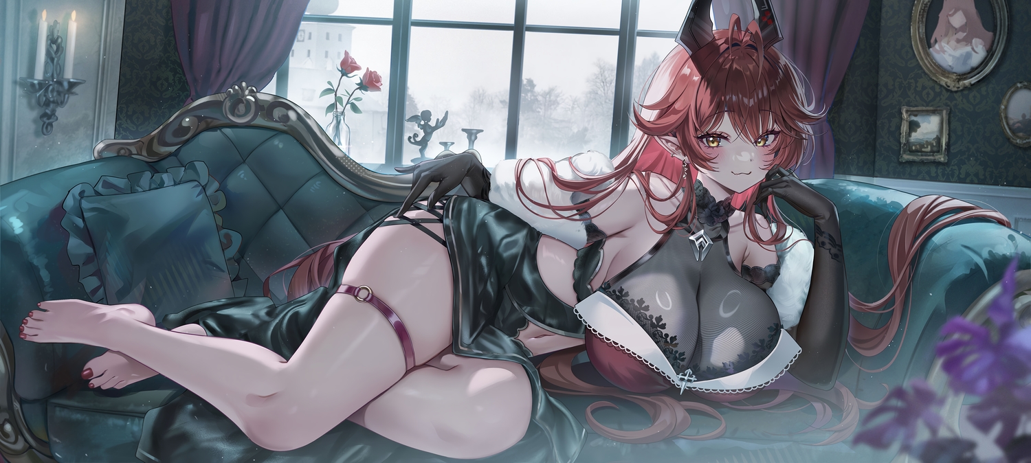 barefoot, blush, breasts, building, cat_smile, couch, dress, elbow_gloves