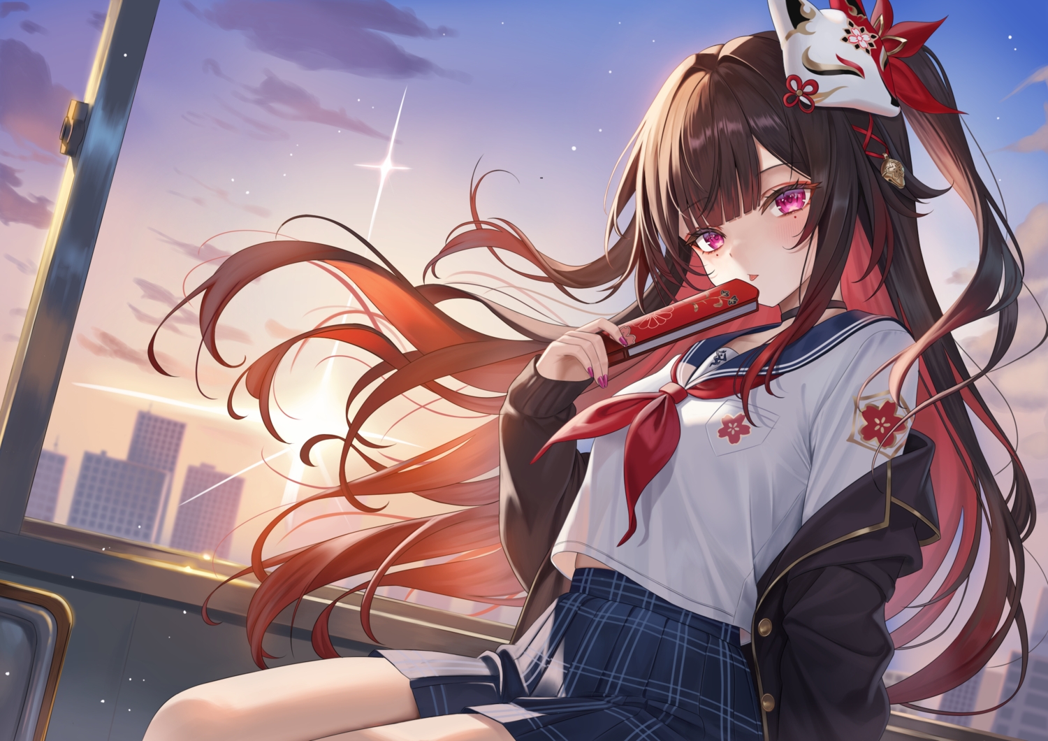 bell, black_hair, blush, building, choker, fan, honkai_(series), honkai:_star_rail