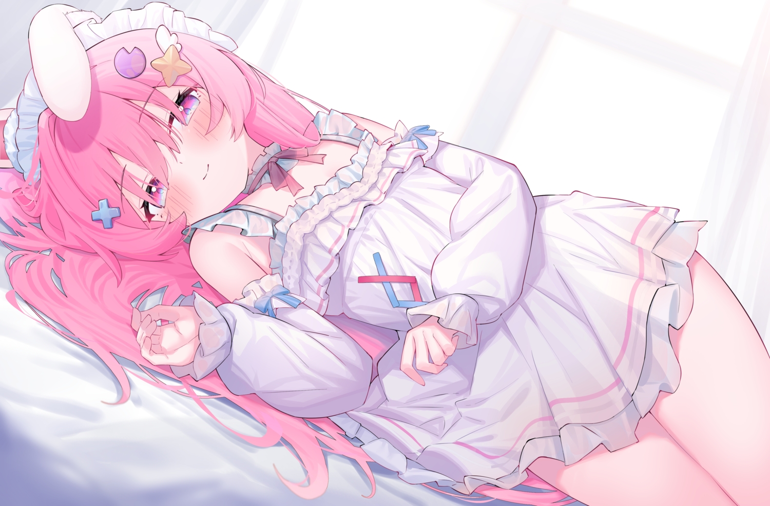 animal_ears, bed, blush, bow, bunny_ears, bunnygirl, choker, dress