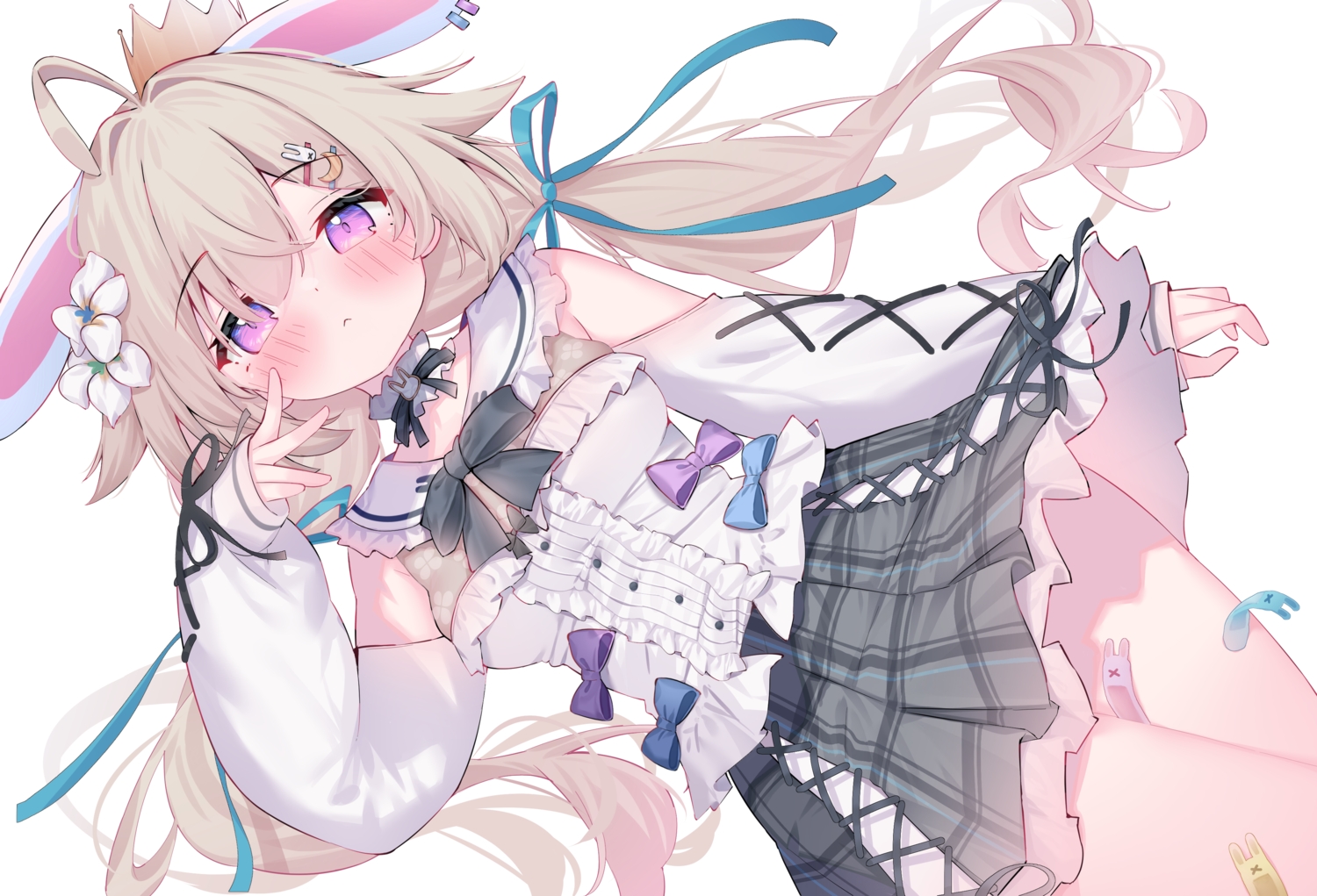 animal_ears, bandaid, blush, bow, brown_hair, bunny_ears, choker, crown