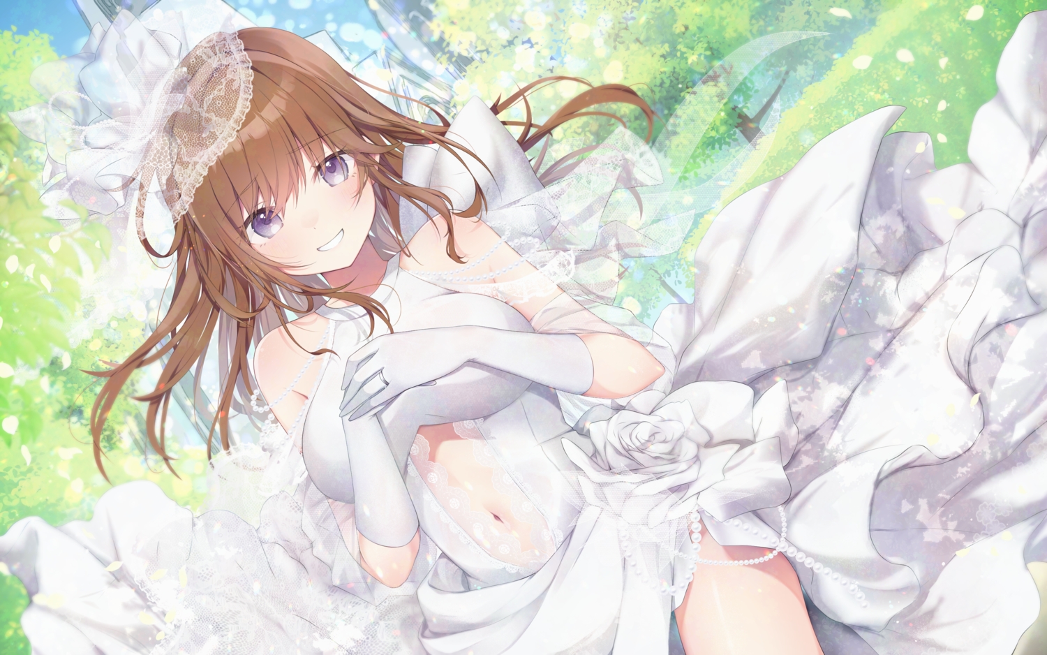blush, brown_hair, dress, elbow_gloves, gloves, headdress, long_hair, navel, okurakuma, original, purple_eyes, sky, tree, wedding_attire