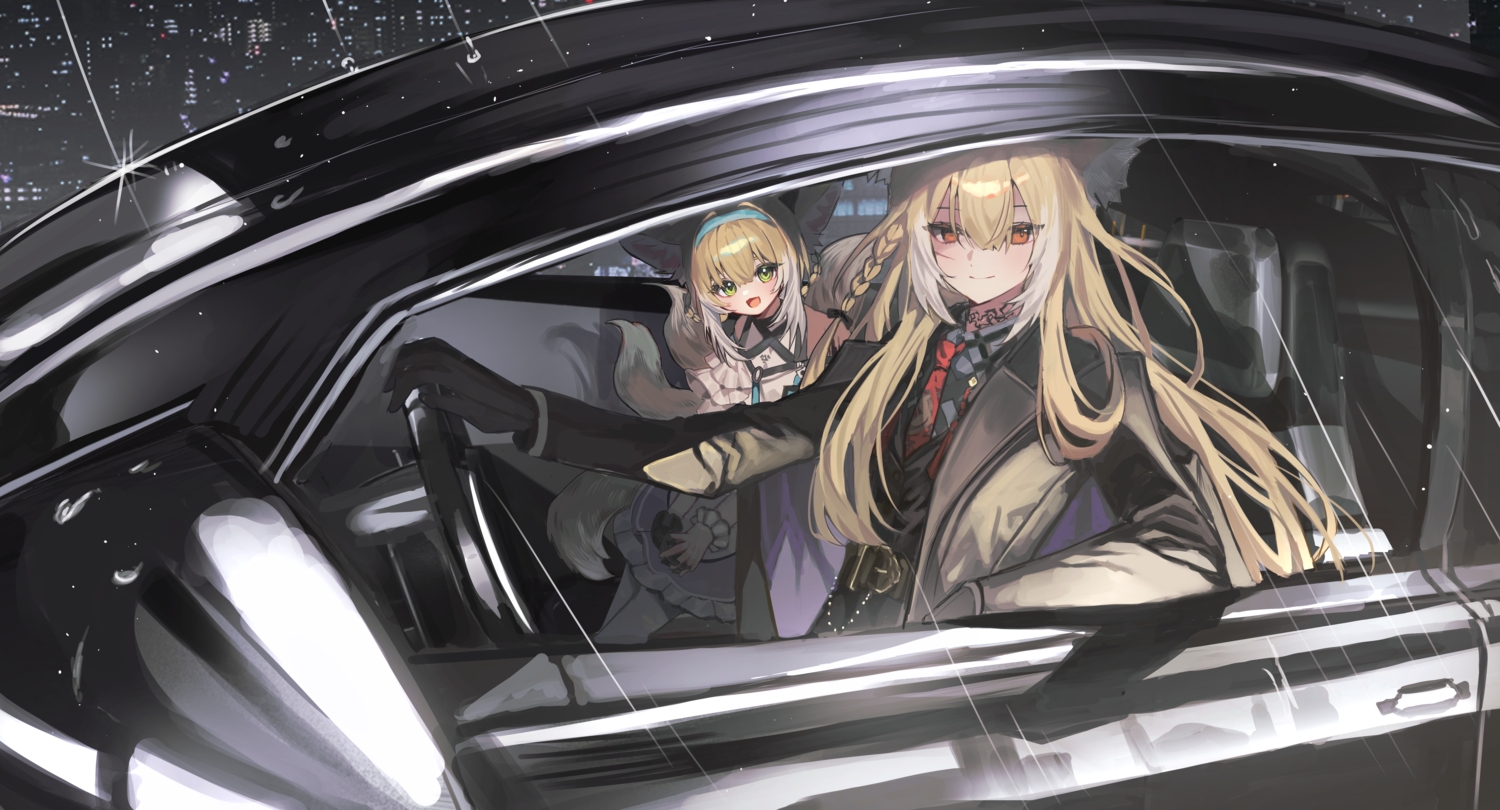 2girls, animal_ears, arknights, blonde_hair, braids, building, car, cat_smile, city, dress, es_(es_f0x), foxgirl, gloves, green_eyes, headband, long_hair, multiple_tails, night, pantyhose, rain, red_eyes, short_hair, suit, suzuran_(arknights), tail, tattoo, tie, vulpisfoglia_(arknights), water