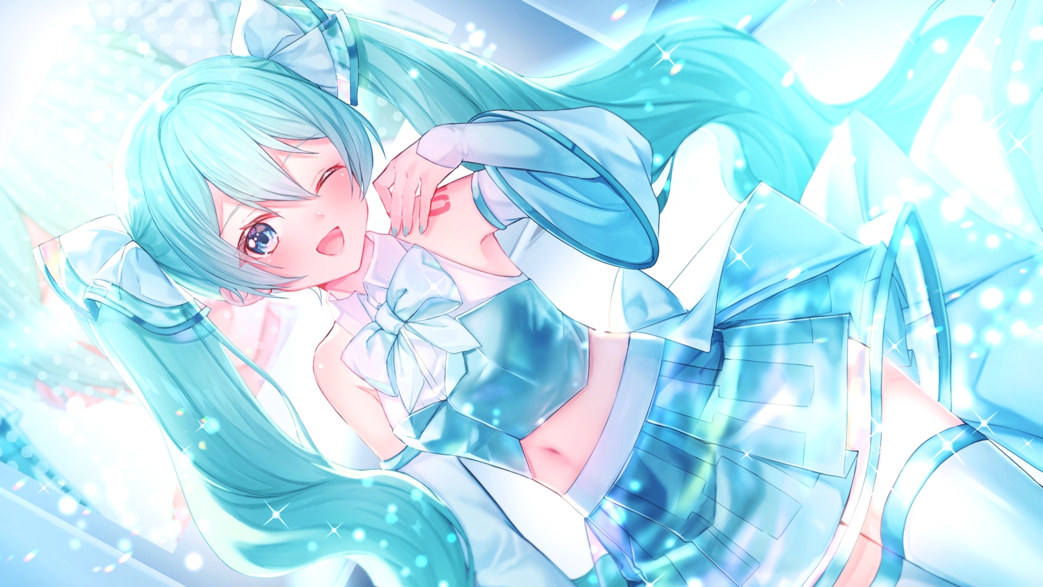 aqua_hair, blue_eyes, bow, hatsune_miku, long_hair, navel, nei_(aduma1120ponpon), skirt, tattoo, thighhighs, twintails, vocaloid, wink