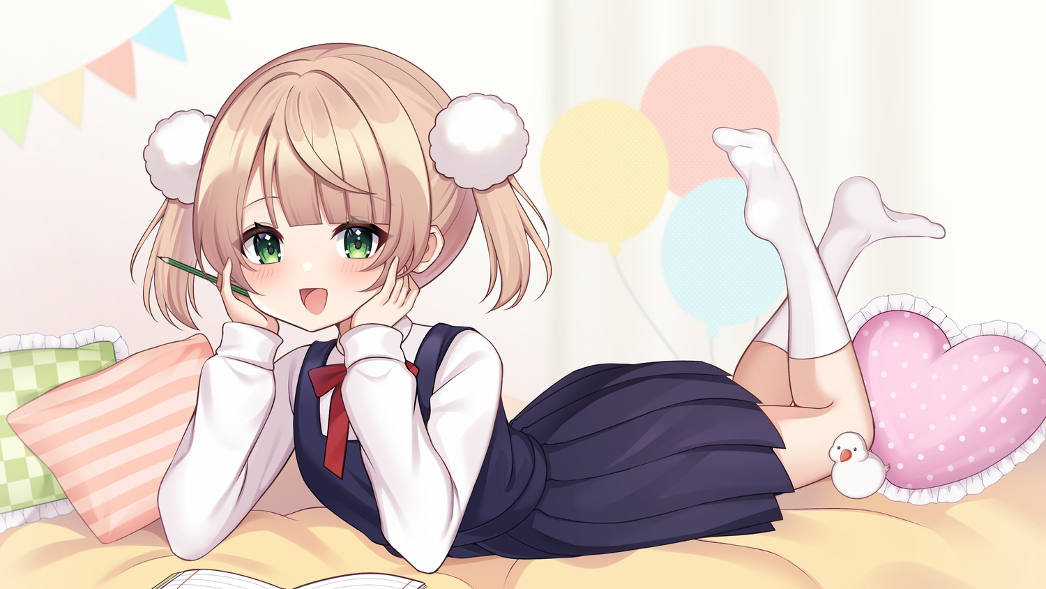 animal, bird, blonde_hair, blush, bow, demcheg, dress, green_eyes, indie_virtual_youtuber, kneehighs, loli, shigure_ui_(vtuber), shirt, short_hair, twintails