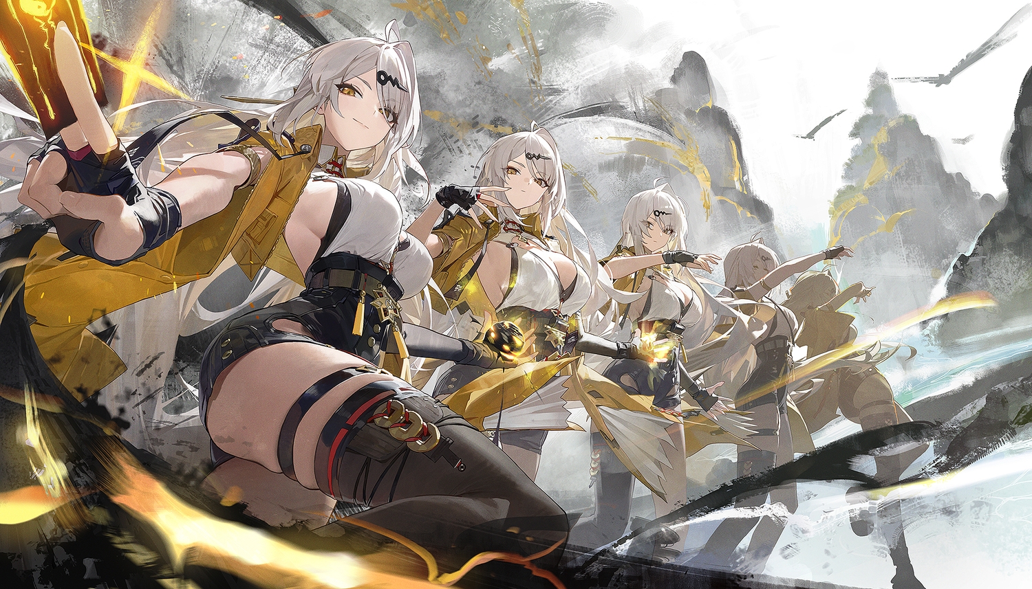 ass, breasts, cleavage, garter, gloves, gray_hair, long_hair, magic