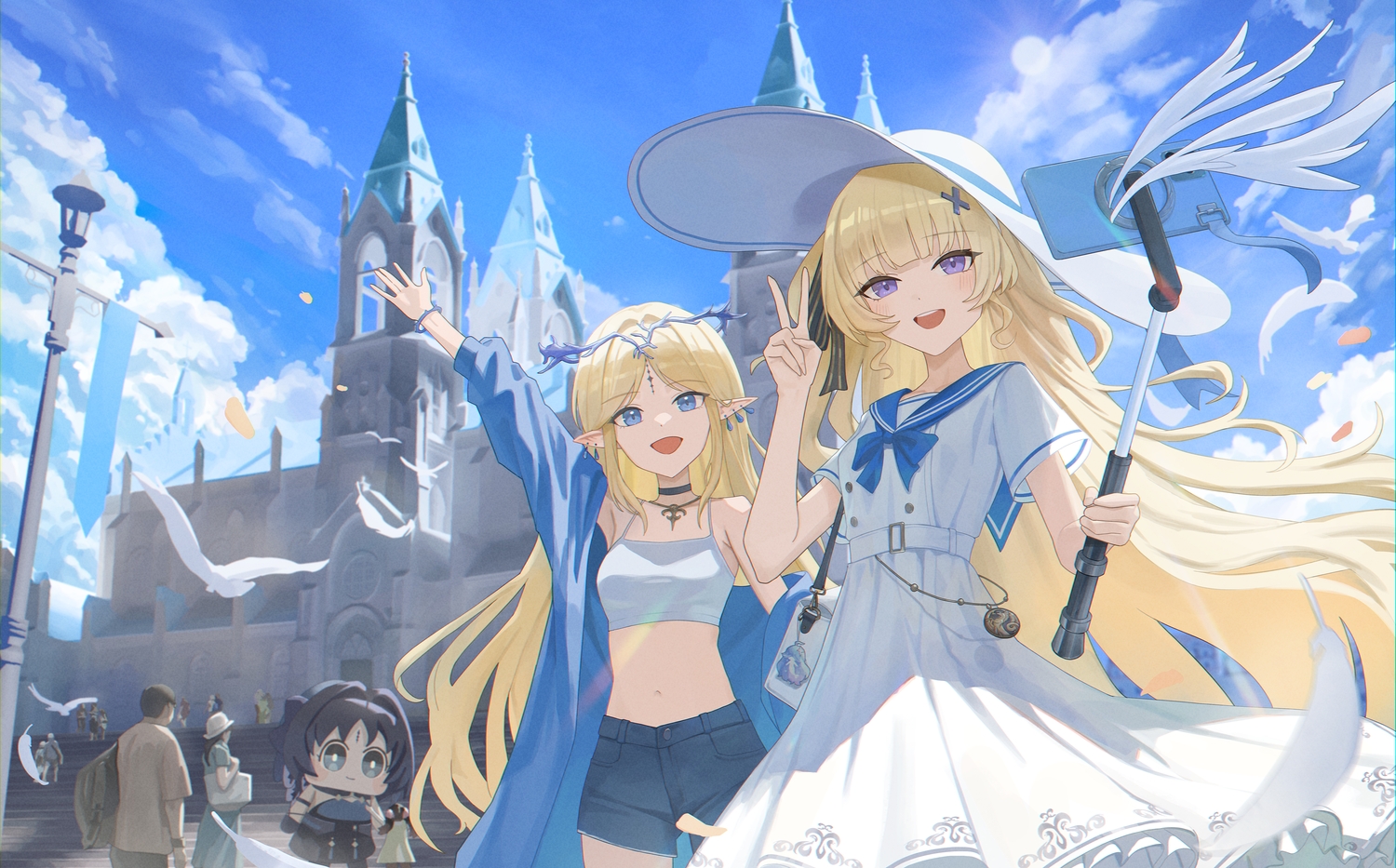 animal, bird, black_eyes, black_hair, blonde_hair, blue_eyes, bow, building