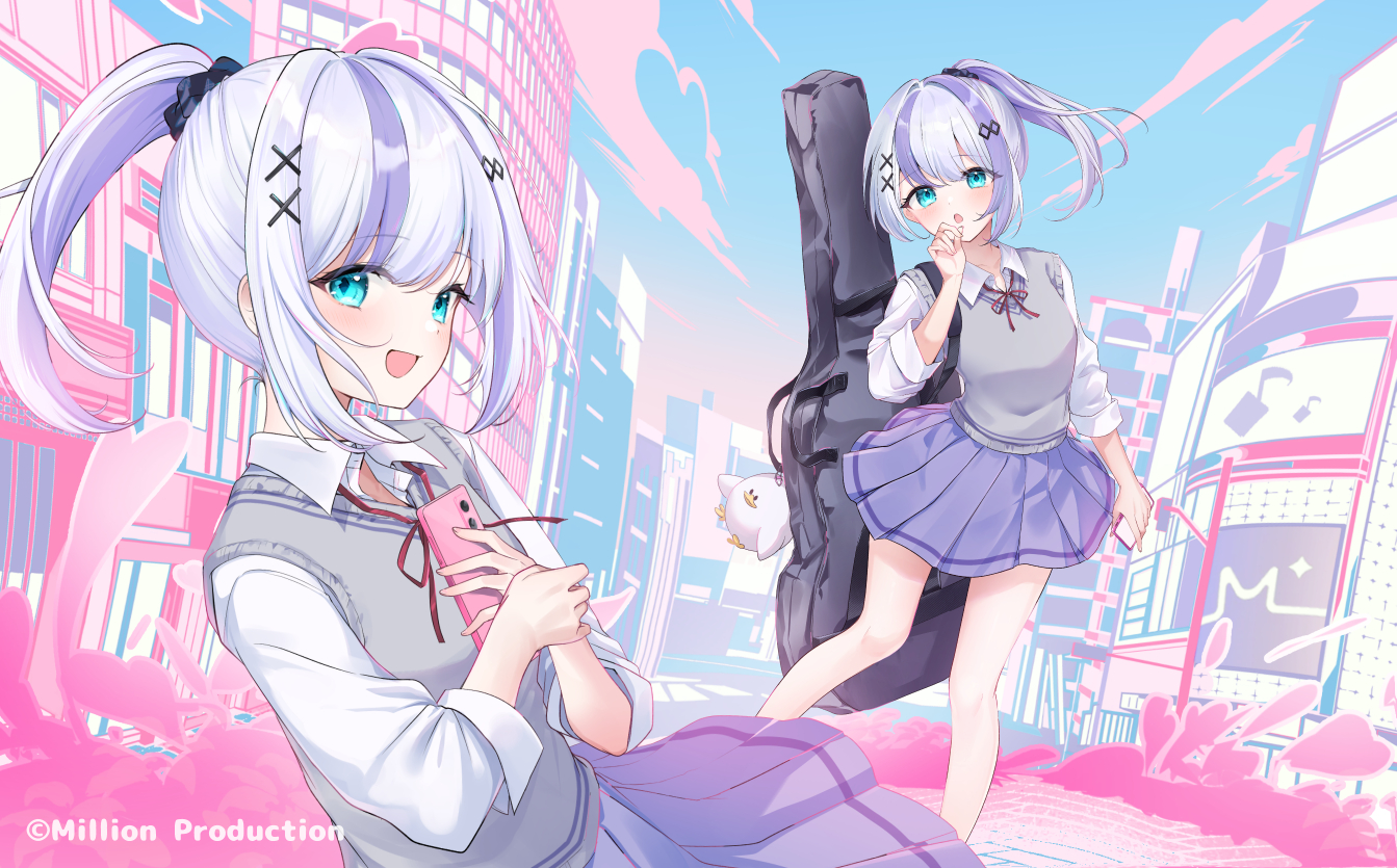 aliasing, aqua_eyes, blush, building, city, clouds, gray_hair, instrument, jura, million_production, nonono_nono, phone, ponytail, school_uniform, shirt, skirt, sky, watermark
