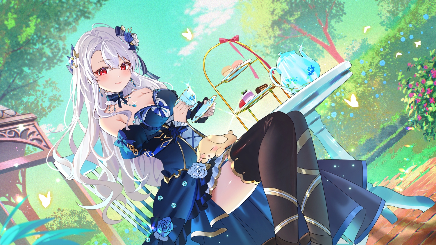 animal, azna, blush, bow, breasts, butterfly, cake, choker