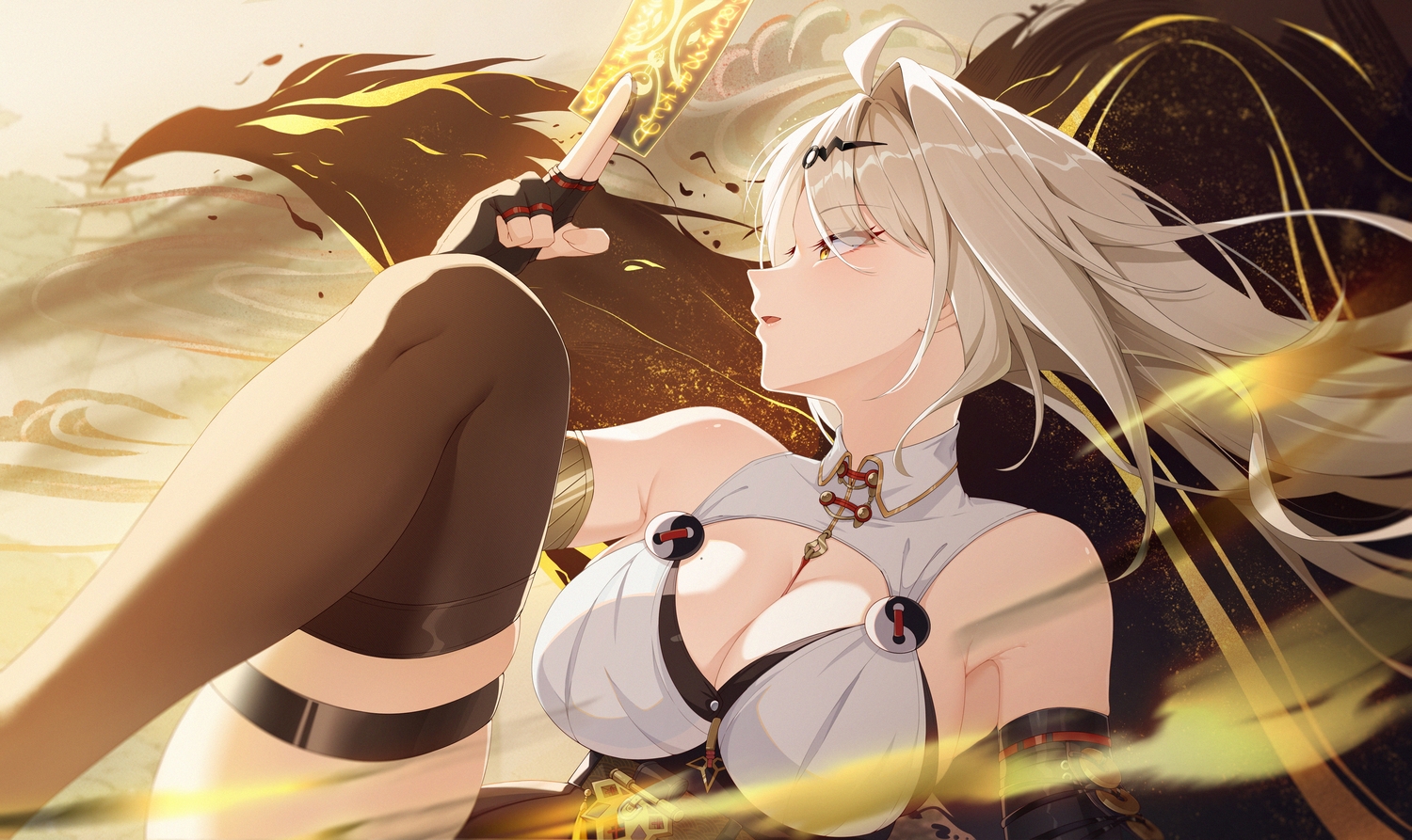animal, bird, breasts, cleavage, elbow_gloves, garter, gloves, gray_hair, long_hair, magic, mengxin_huazha, ofuda, thighhighs, yellow_eyes, yi_xuan, zenless_zone_zero