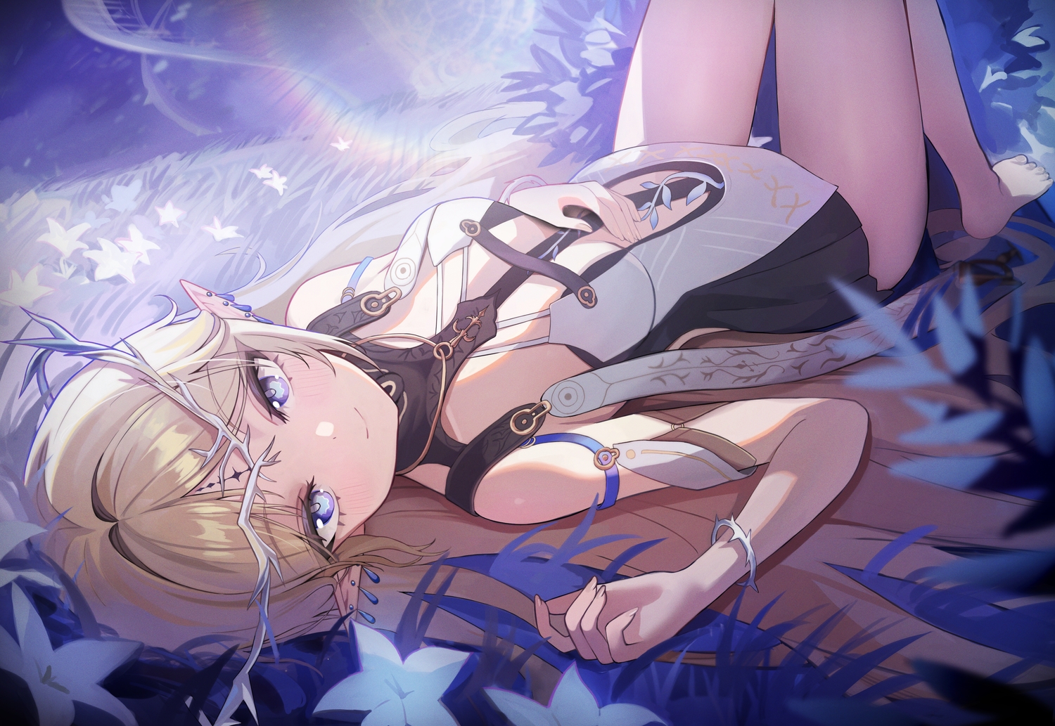 barefoot, blonde_hair, blue_eyes, blush, cartethyia_(wuthering_waves), dress, headdress, loloco