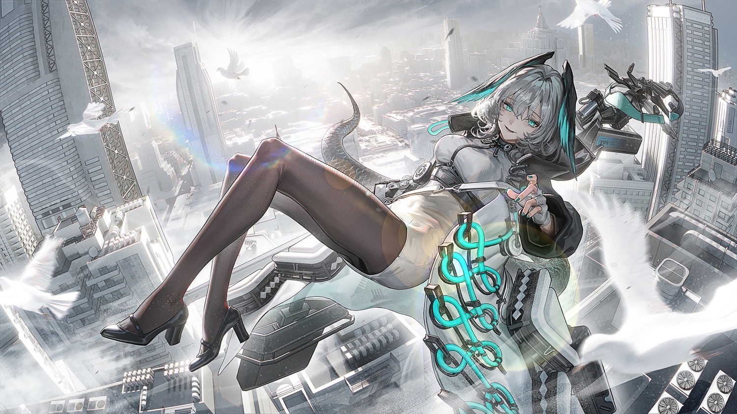 animal, aqua_eyes, arknights, bird, building, city, clouds, dress