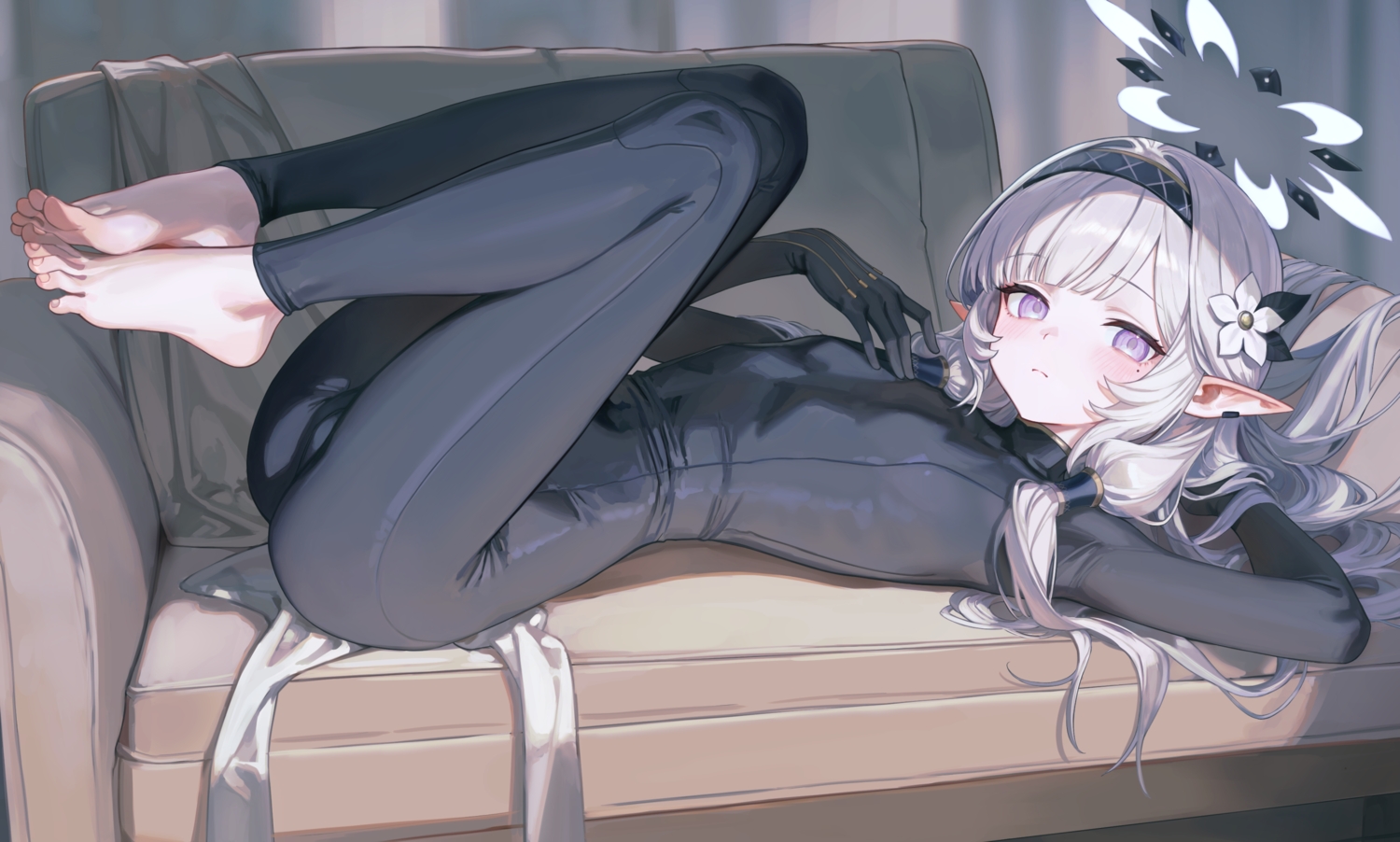 akeboshi_himari, barefoot, blue_archive, blush, bodysuit, couch, ellell915, flat_chest