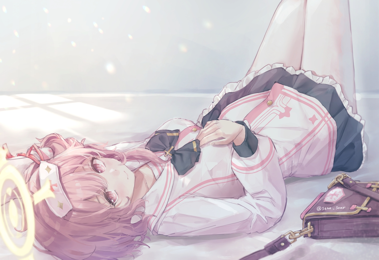 blue_archive, blush, bow, halo, nurse, pink_eyes, pink_hair, school_uniform