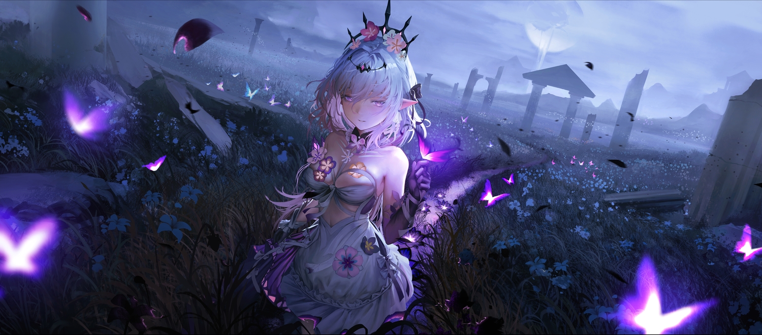 breasts, butterfly, castorice_(honkai:_star_rail), cleavage, clouds, dark, dress, elbow_gloves