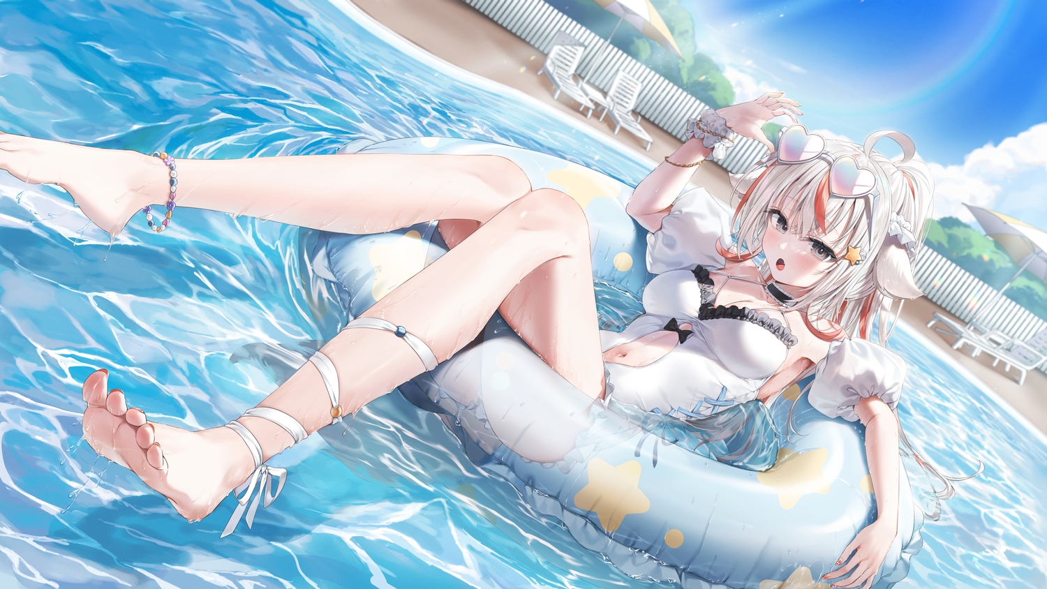 animal_ears, barefoot, black_eyes, blush, bow, breasts, choker, cleavage