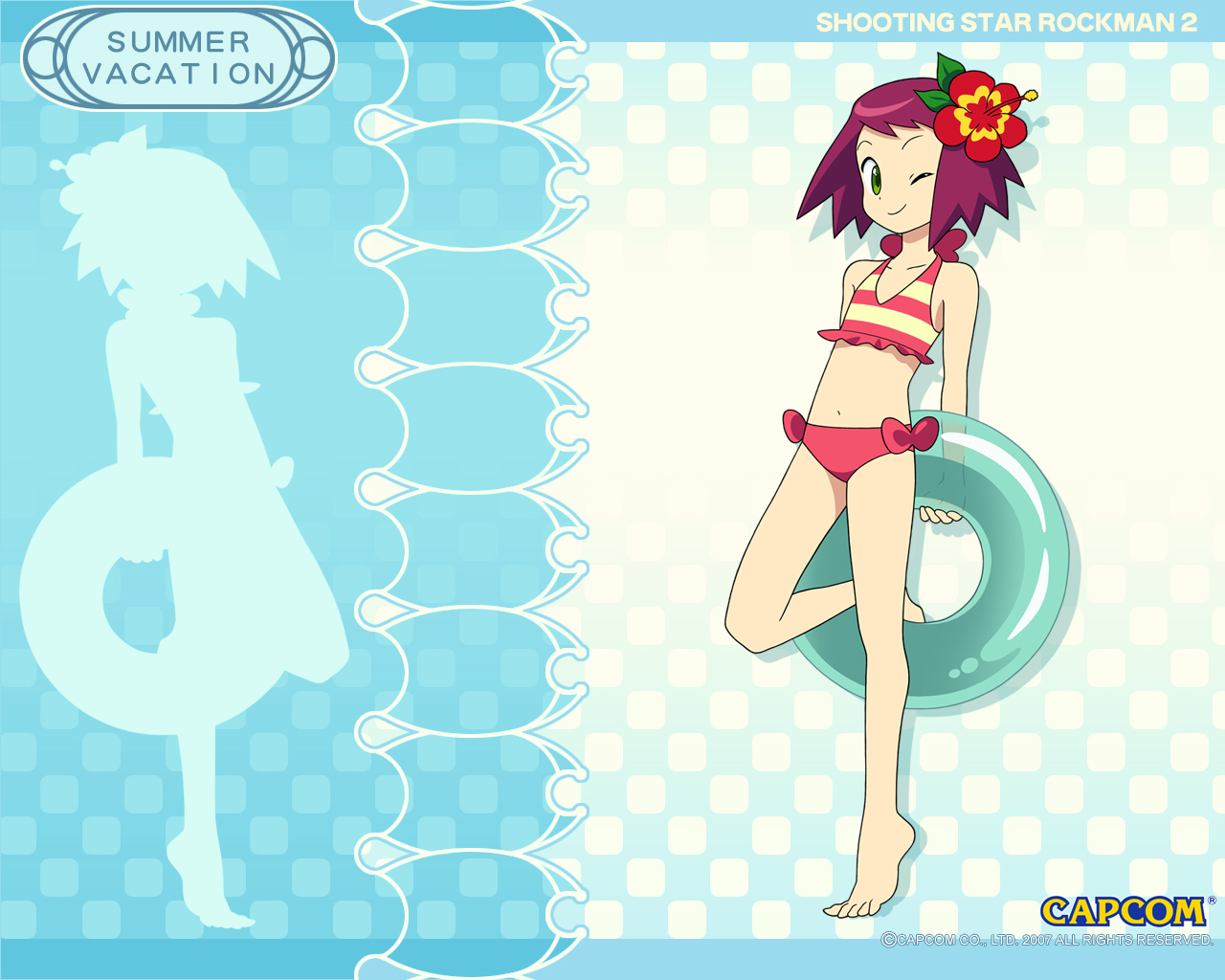 barefoot, bikini, capcom, flat_chest, flowers, green_eyes, hibiki_misora, ishihara_yuuji